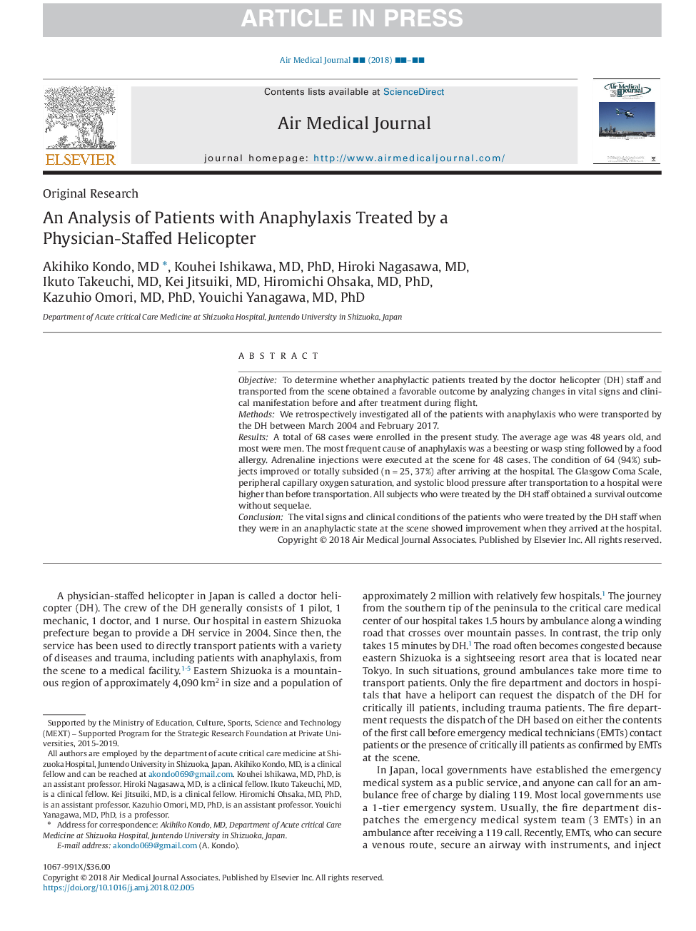 An Analysis of Patients with Anaphylaxis Treated by a Physician-Staffed Helicopter