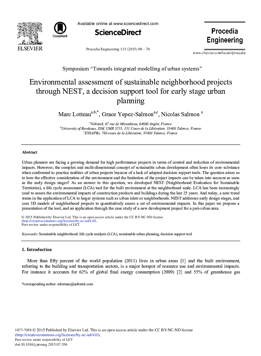 Environmental Assessment of Sustainable Neighborhood Projects through NEST, a Decision Support Tool for Early Stage Urban Planning 