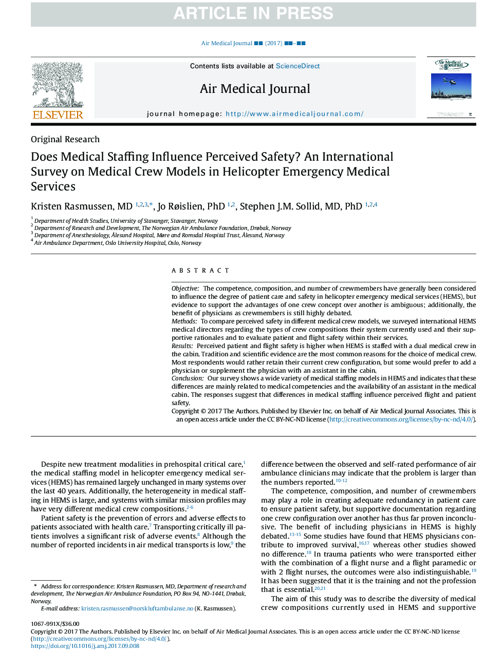 Does Medical Staffing Influence Perceived Safety? An International Survey on Medical Crew Models in Helicopter Emergency Medical Services