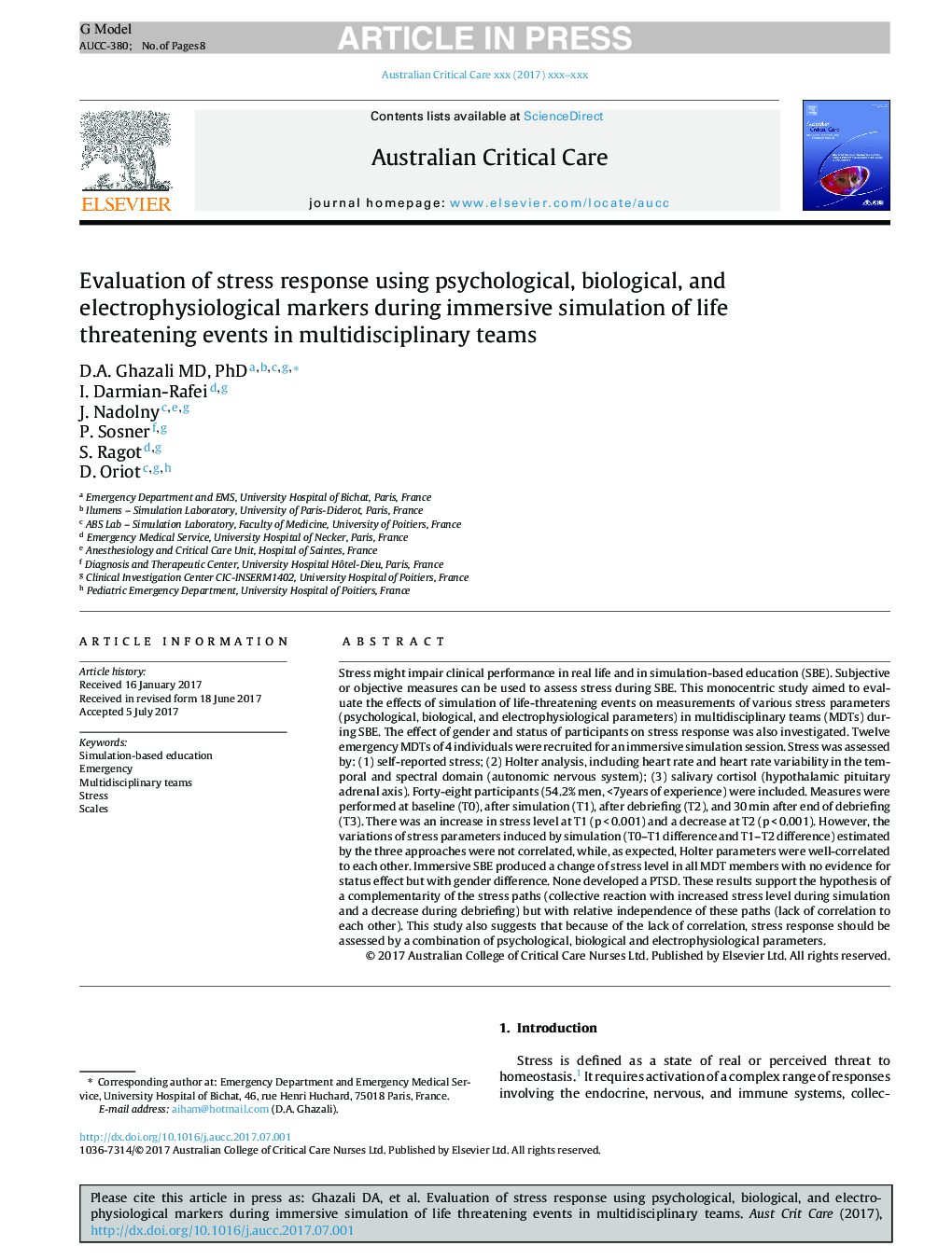 Evaluation of stress response using psychological, biological, and electrophysiological markers during immersive simulation of life threatening events in multidisciplinary teams