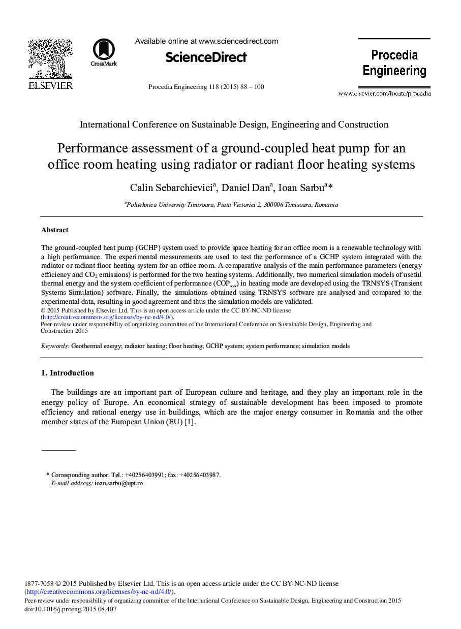 Performance Assessment of a Ground-coupled Heat Pump for an Office Room Heating using Radiator or Radiant Floor Heating Systems 