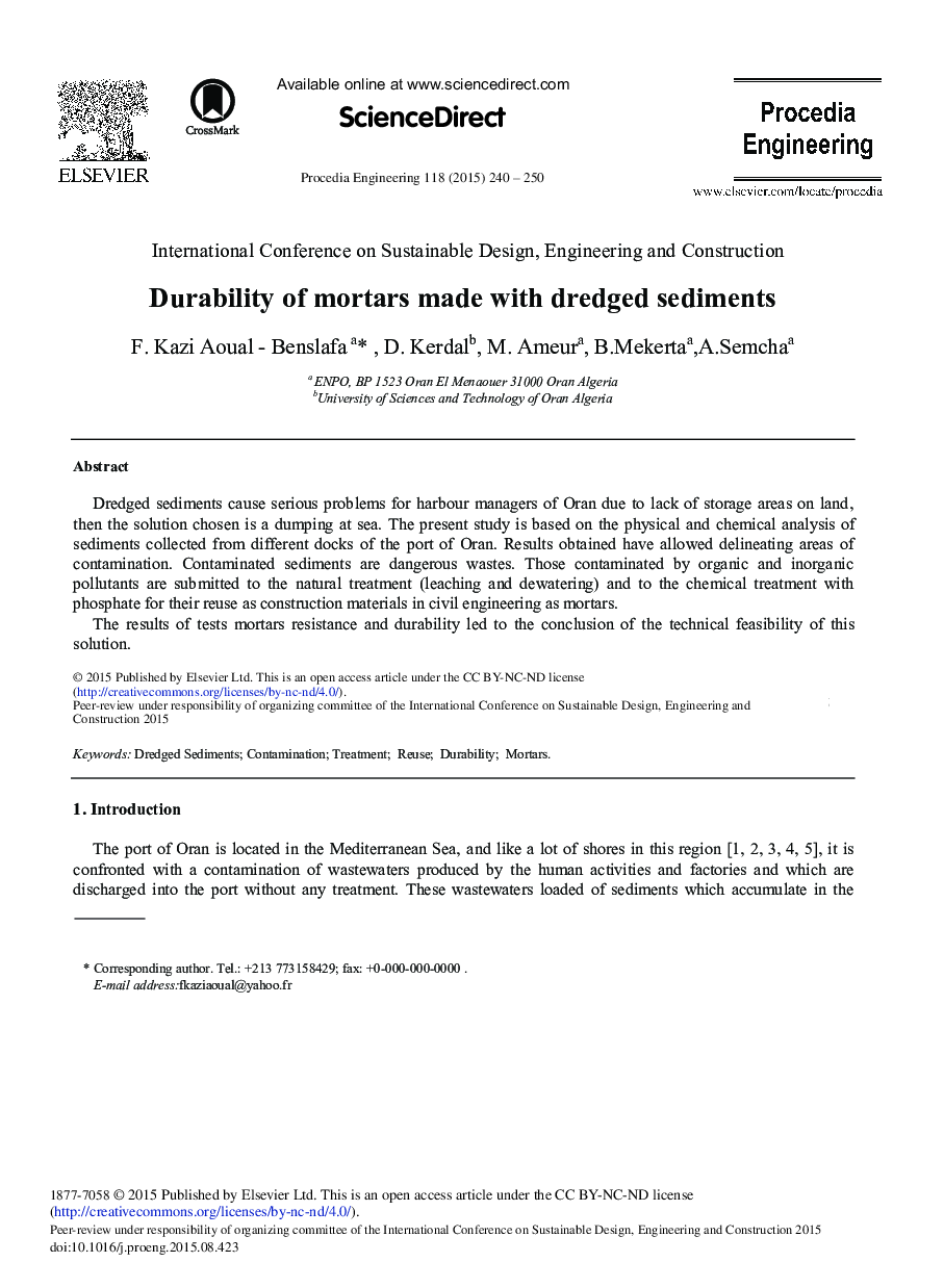 Durability of Mortars Made with Dredged Sediments 