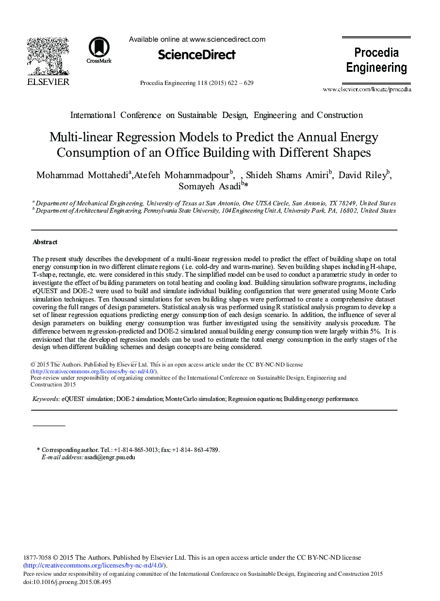 مدل‌های رگرسیون چندخطی برای پیش‌بینیِ مصرف انرژیِ سالانه‌ی یک ساختمانِ اداری با شکل‌های متفاوت