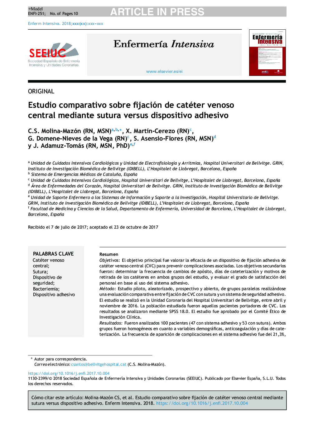 Estudio comparativo sobre fijación de catéter venoso central mediante sutura versus dispositivo adhesivo