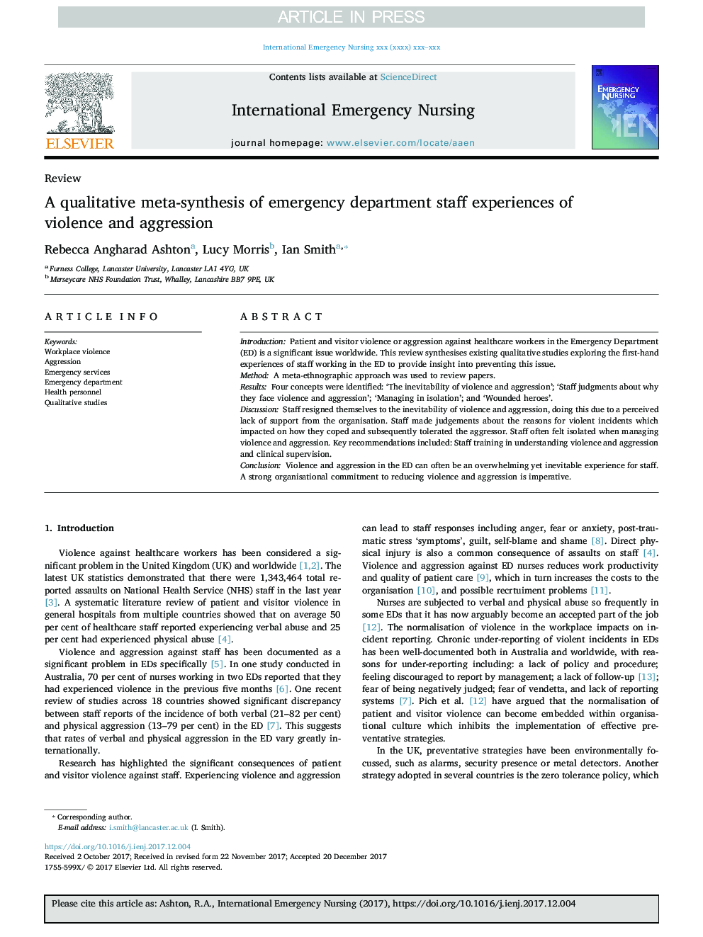 A qualitative meta-synthesis of emergency department staff experiences of violence and aggression