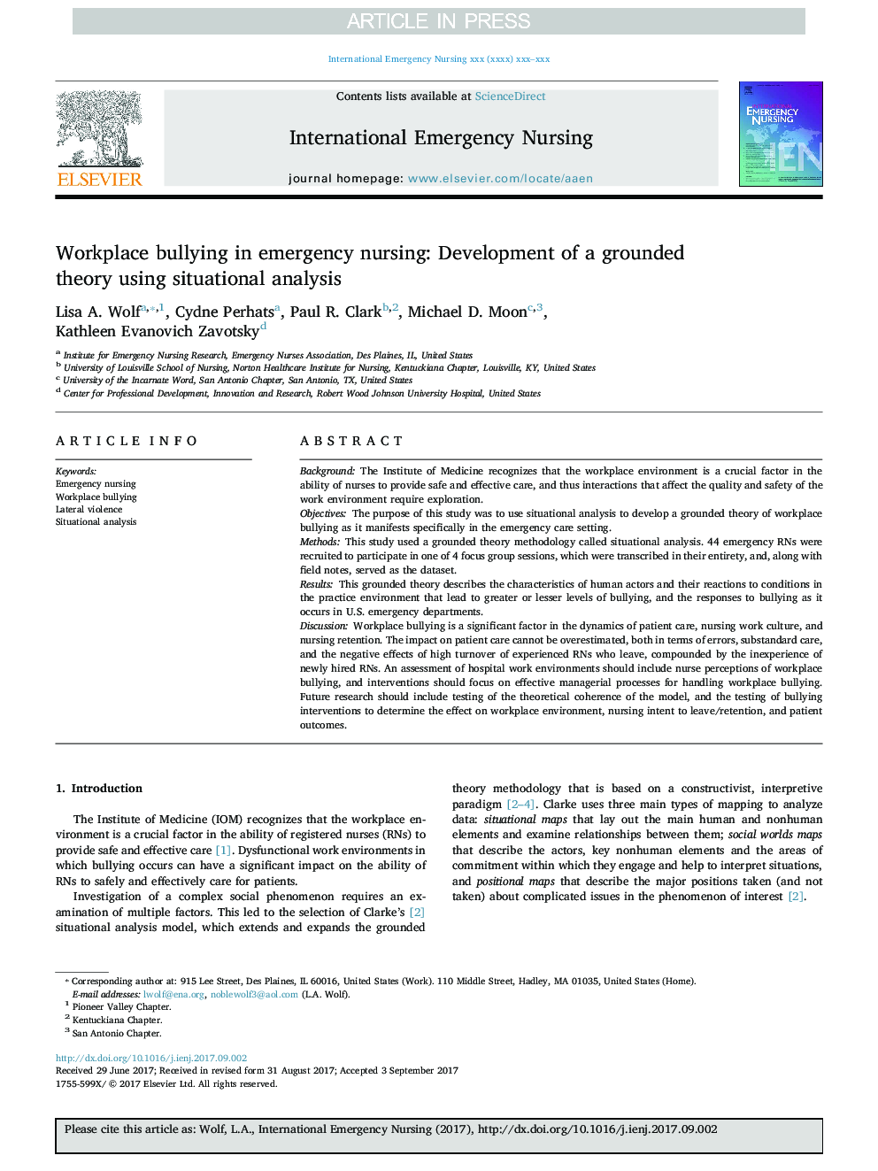 Workplace bullying in emergency nursing: Development of a grounded theory using situational analysis