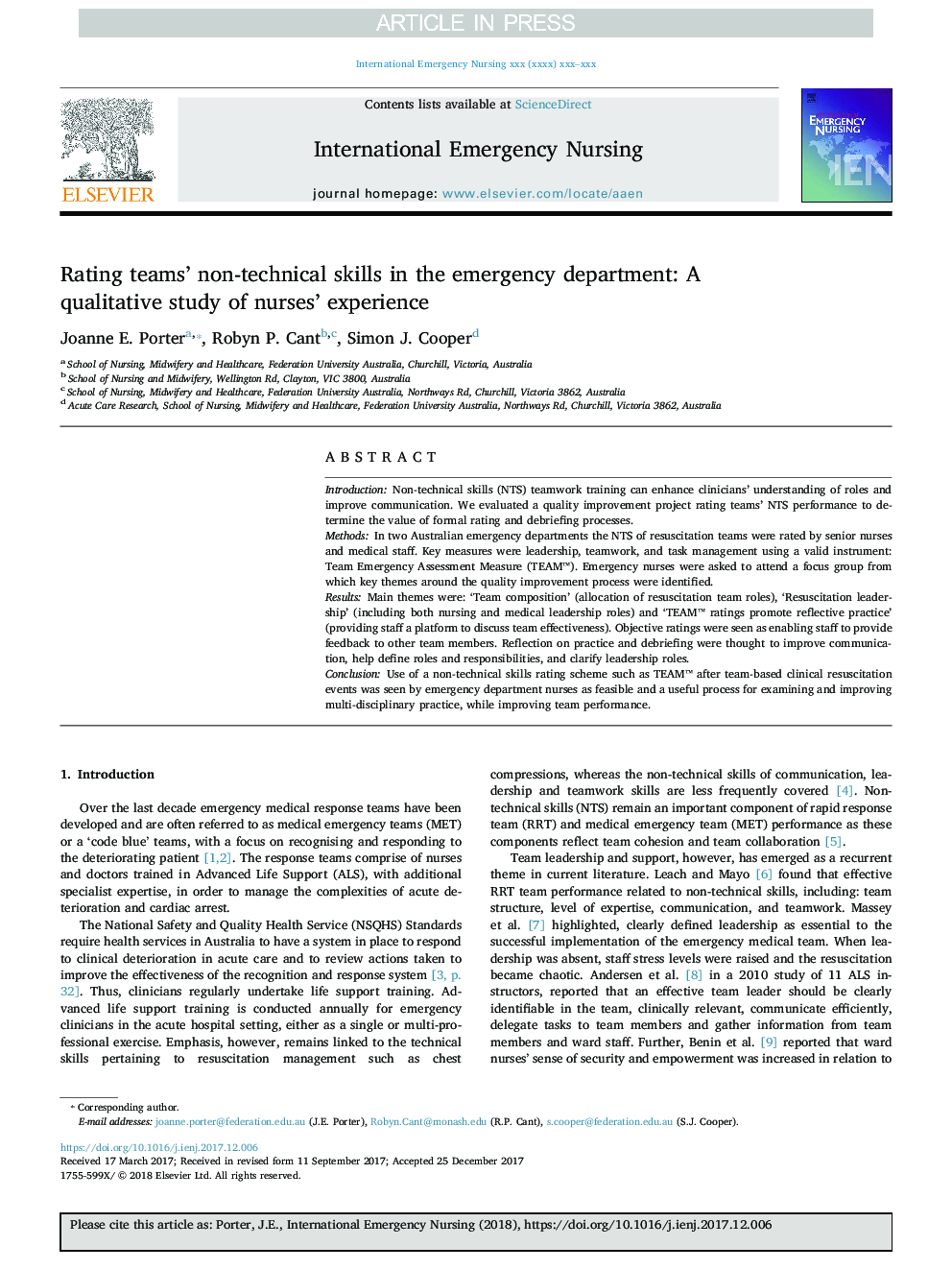 Rating teams' non-technical skills in the emergency department: A qualitative study of nurses' experience