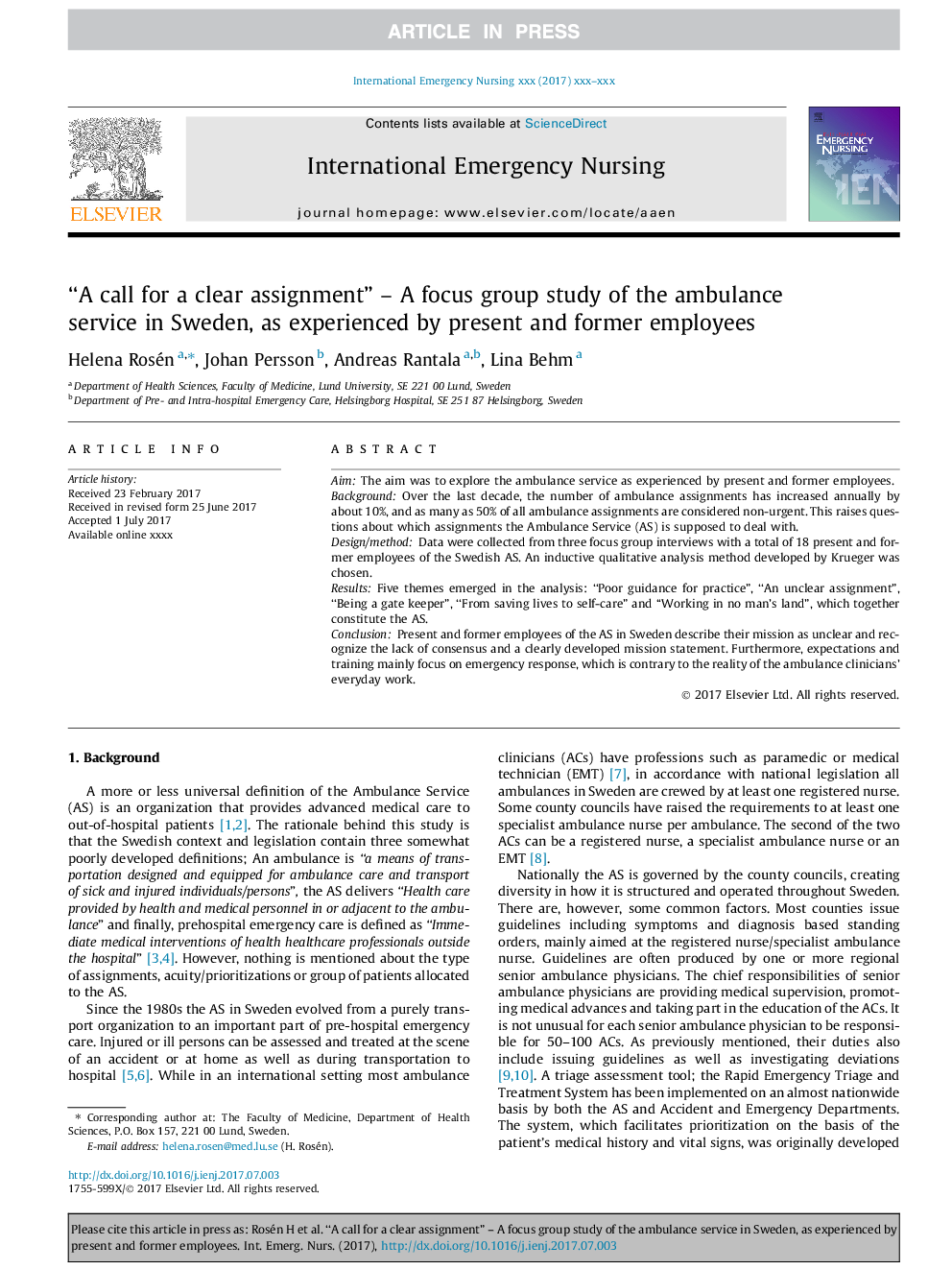 “A call for a clear assignment” - A focus group study of the ambulance service in Sweden, as experienced by present and former employees