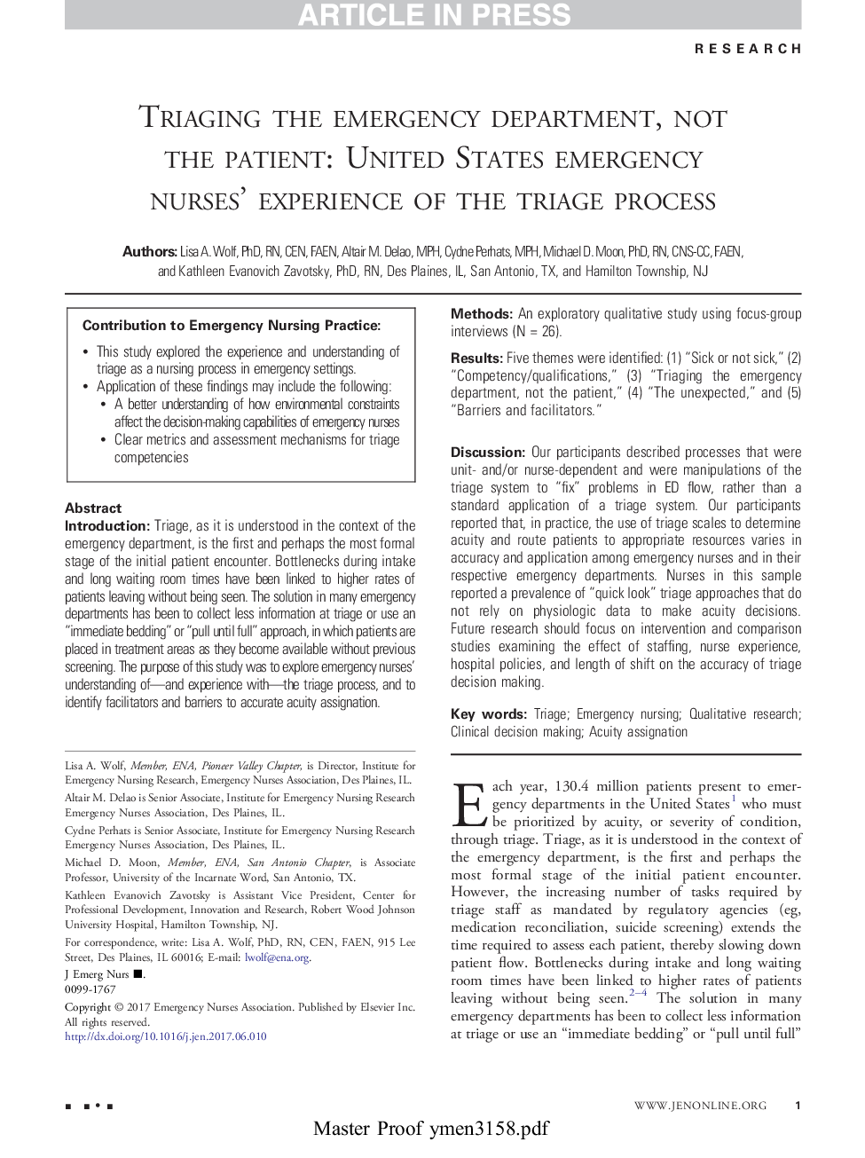 Triaging the Emergency Department, Not the Patient: United States Emergency Nurses' Experience of the Triage Process