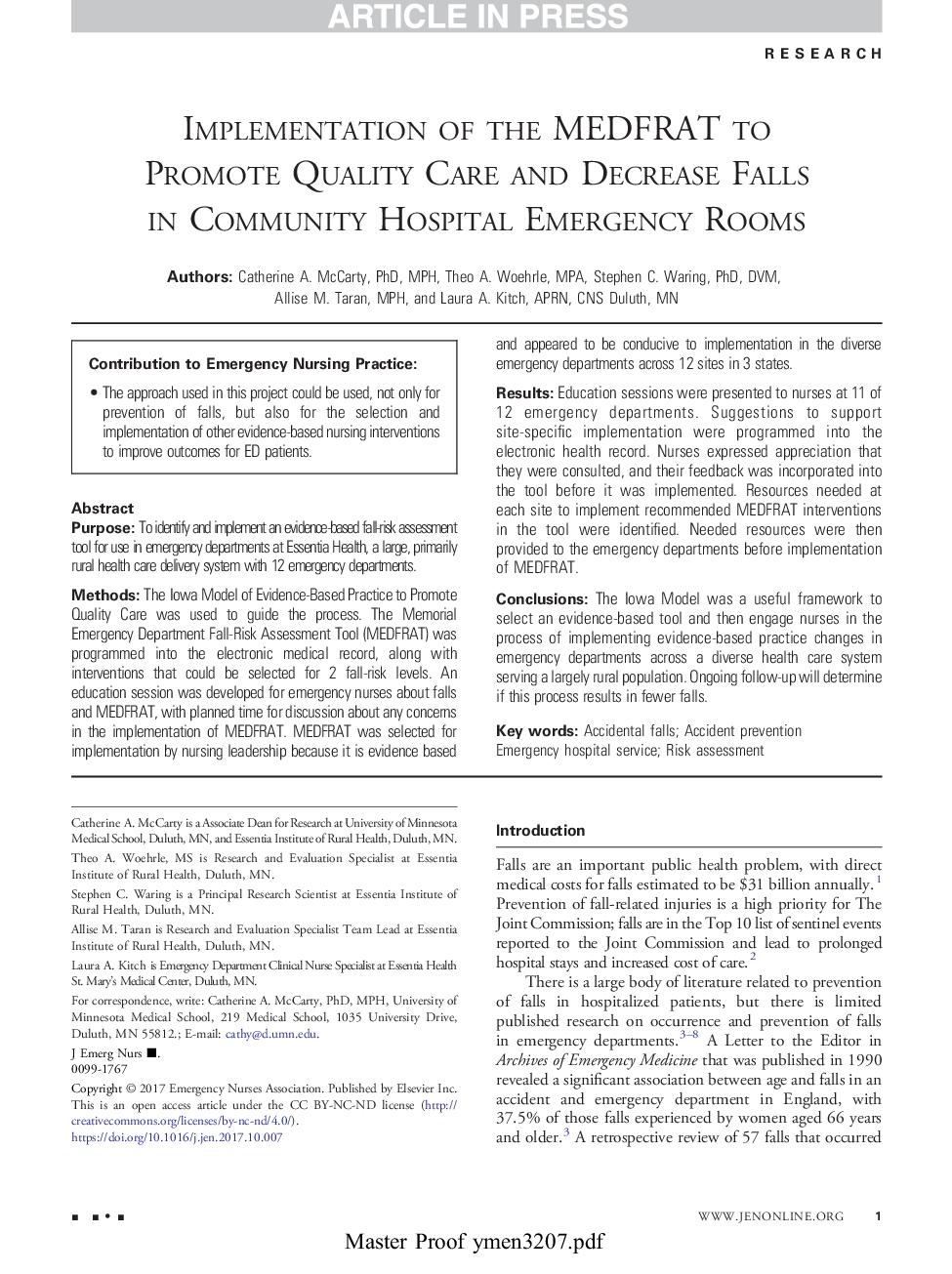 Implementation of the MEDFRAT to Promote Quality Care and Decrease Falls in Community Hospital Emergency Rooms