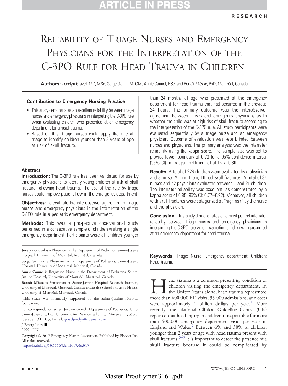 Reliability of Triage Nurses and Emergency Physicians for the Interpretation of the C-3PO Rule for Head Trauma in Children