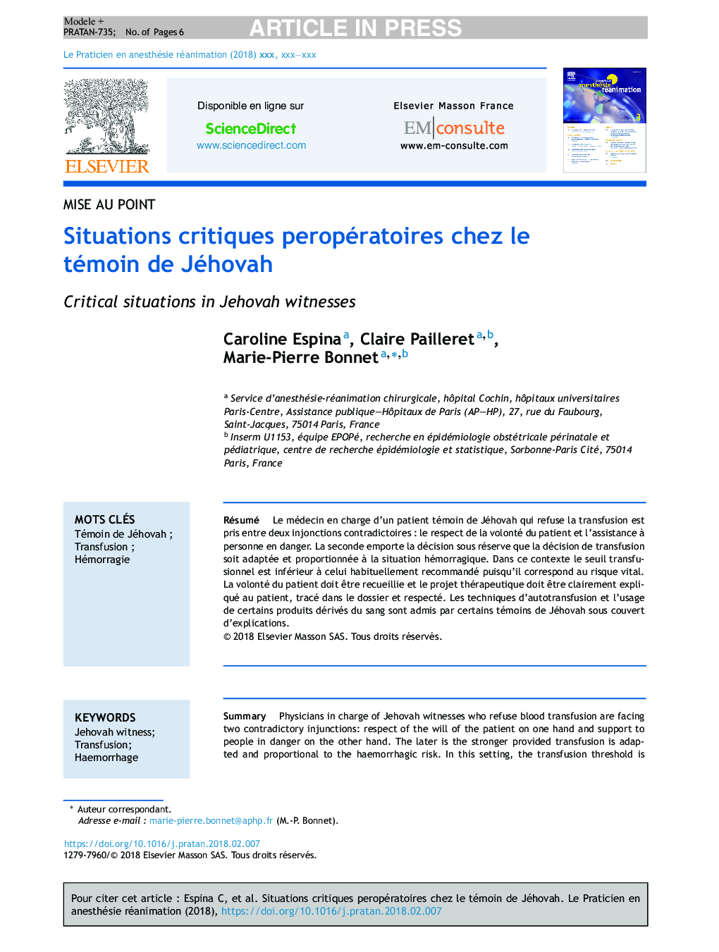 Situations critiques peropératoires chez le témoin de Jéhovah