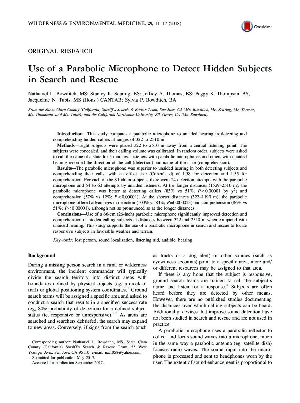 Use of a Parabolic Microphone to Detect Hidden Subjects in Search and Rescue