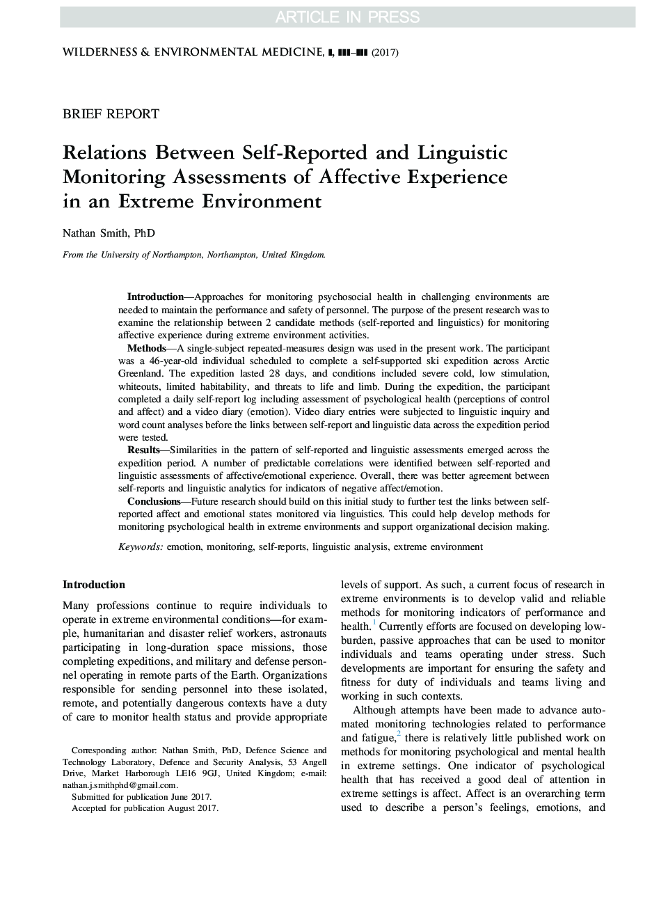 Relations Between Self-Reported and Linguistic Monitoring Assessments of Affective Experience in an Extreme Environment