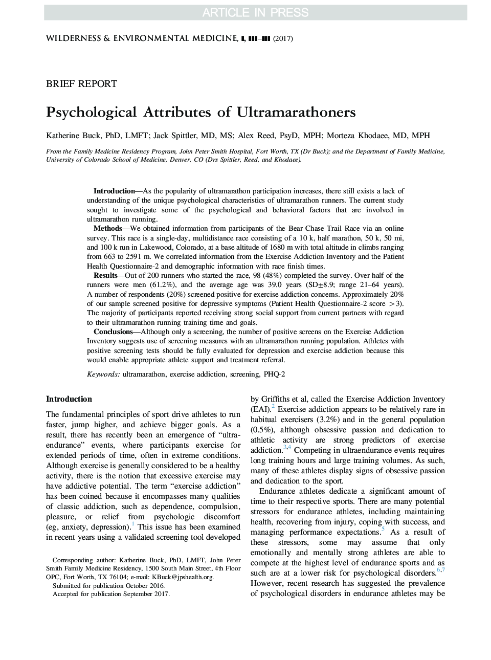 Psychological Attributes of Ultramarathoners