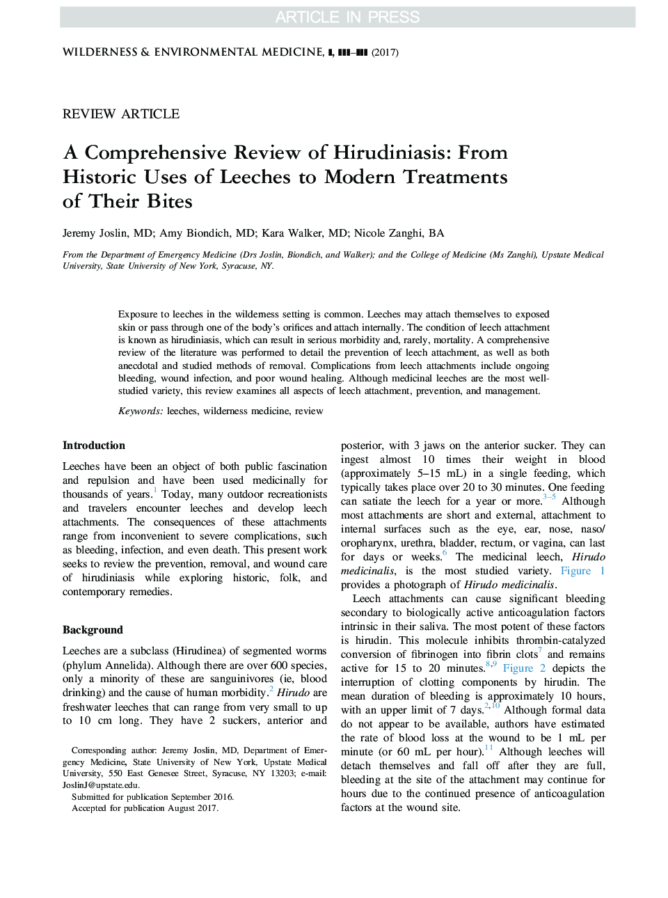 A Comprehensive Review of Hirudiniasis: From Historic Uses of Leeches to Modern Treatments of Their Bites