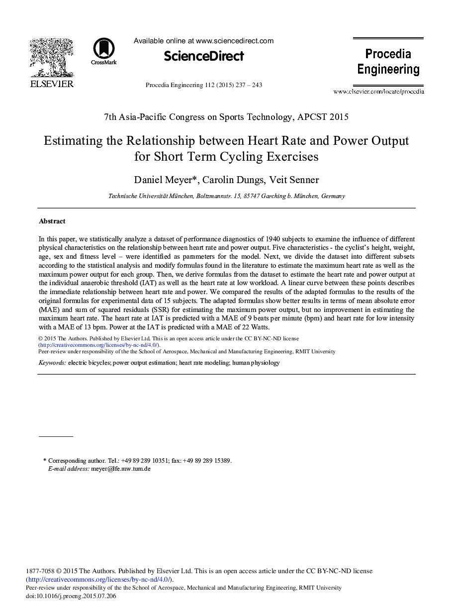 Estimating the Relationship between Heart Rate and Power Output for Short Term Cycling Exercises 