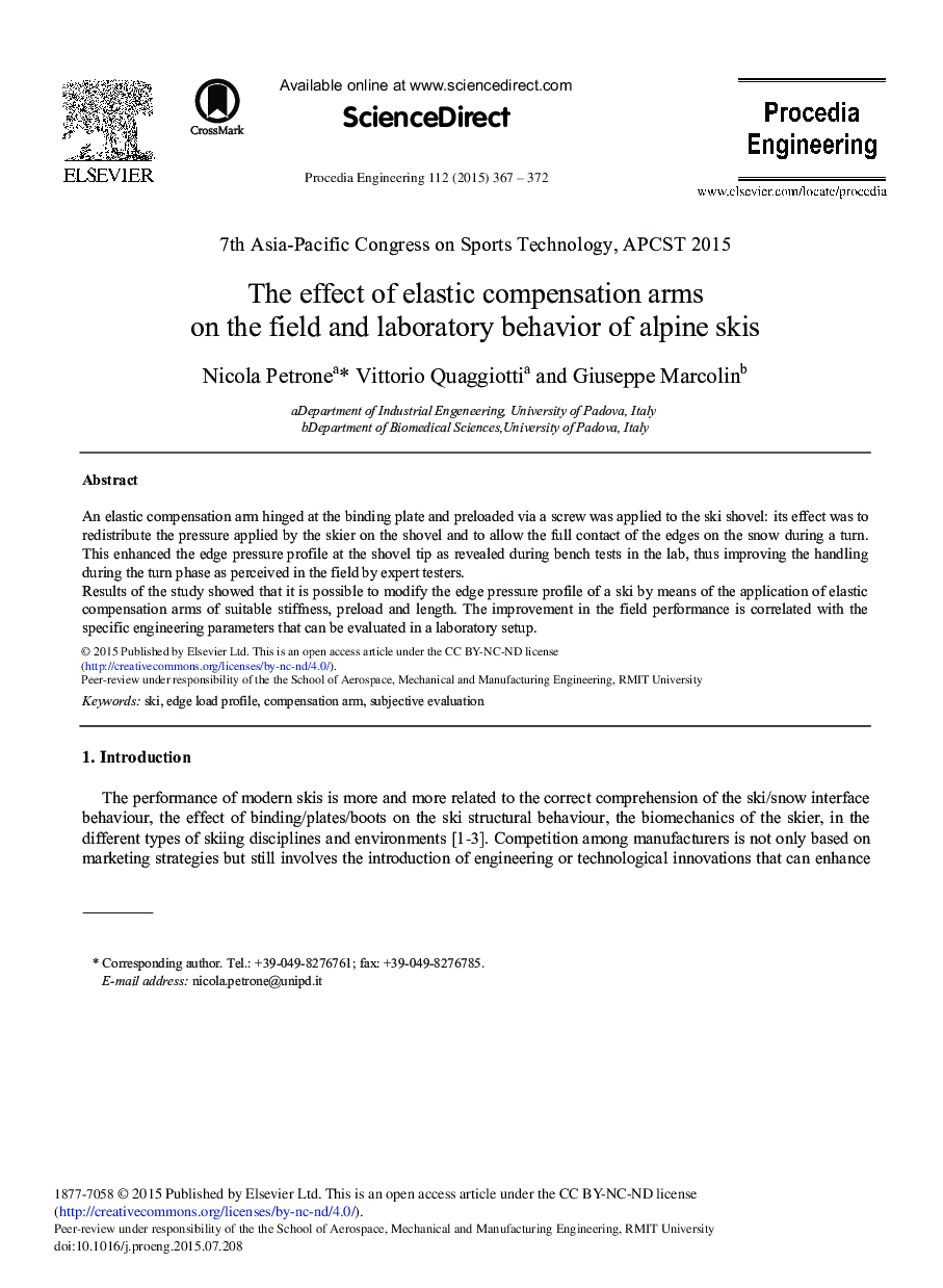 The Effect of Elastic Compensation Arms on the Field and Laboratory Behavior of Alpine Skis 