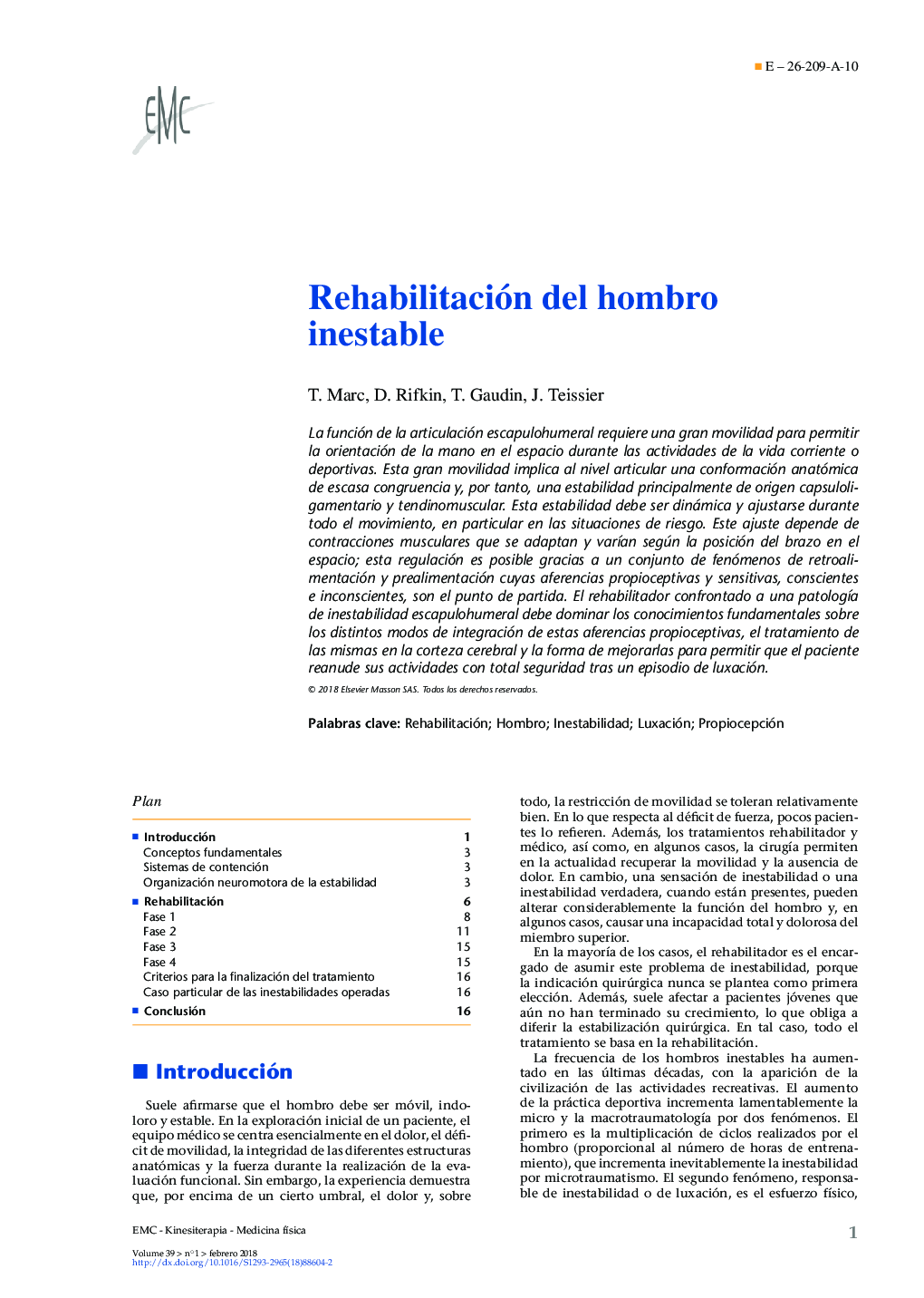 Rehabilitación del hombro inestable