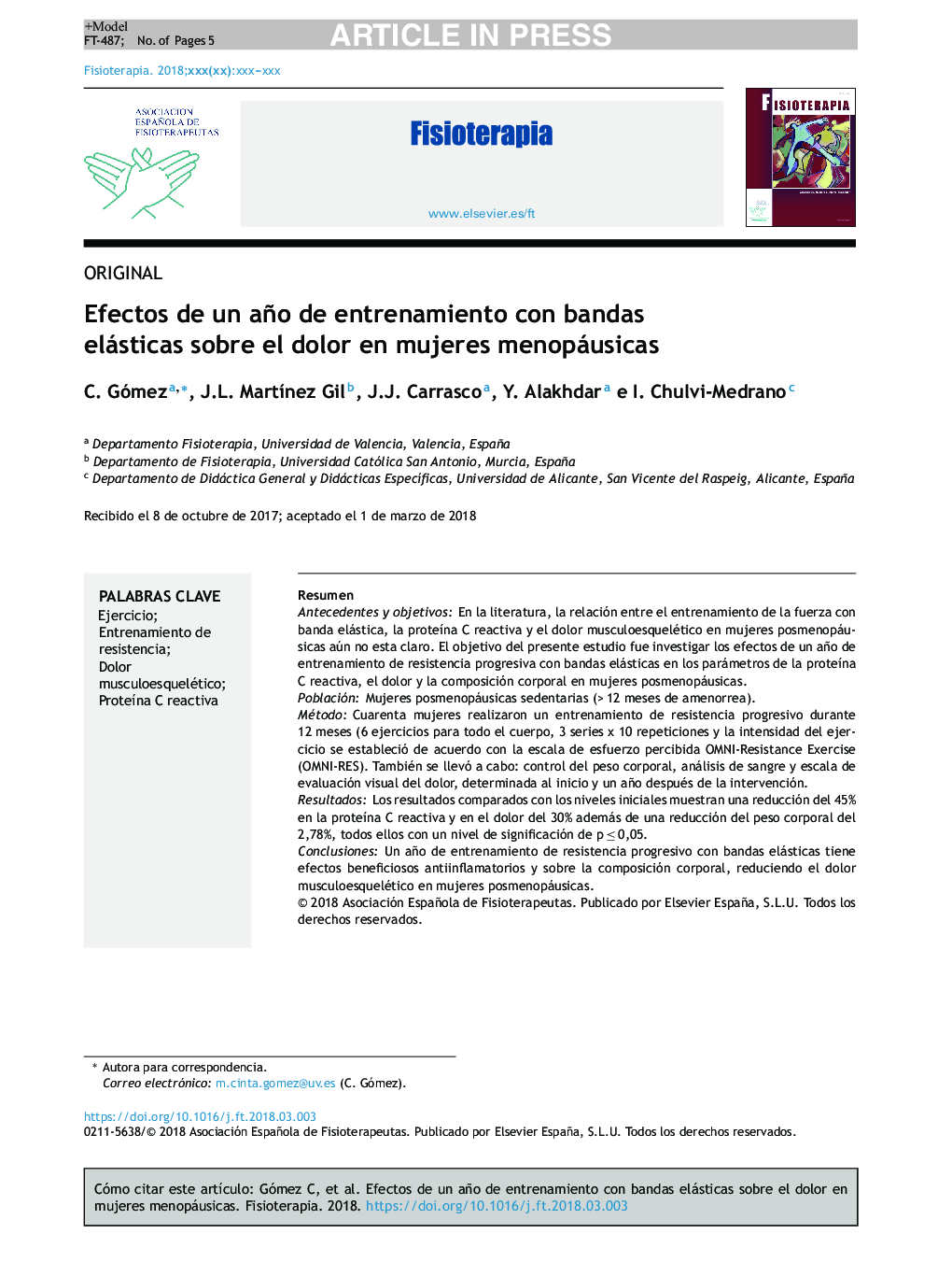 Efectos de un año de entrenamiento con bandas elásticas sobre el dolor en mujeres menopáusicas