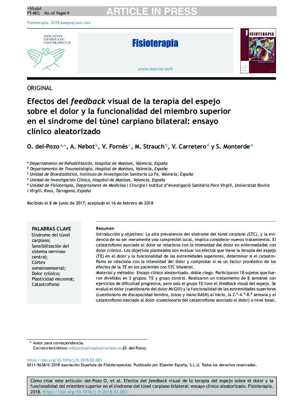 Efectos del feedback visual de la terapia del espejo sobre el dolor y la funcionalidad del miembro superior en el sÃ­ndrome del túnel carpiano bilateral: ensayo clÃ­nico aleatorizado