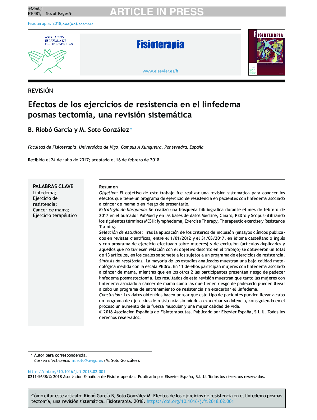 Efectos de los ejercicios de resistencia en el linfedema posmastectomÃ­a, una revisión sistemática