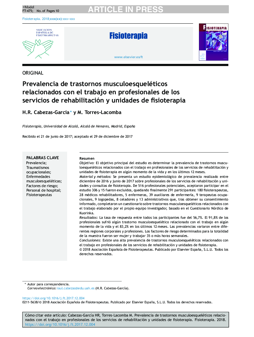 Prevalencia de trastornos musculoesqueléticos relacionados con el trabajo en profesionales de los servicios de rehabilitación y unidades de fisioterapia