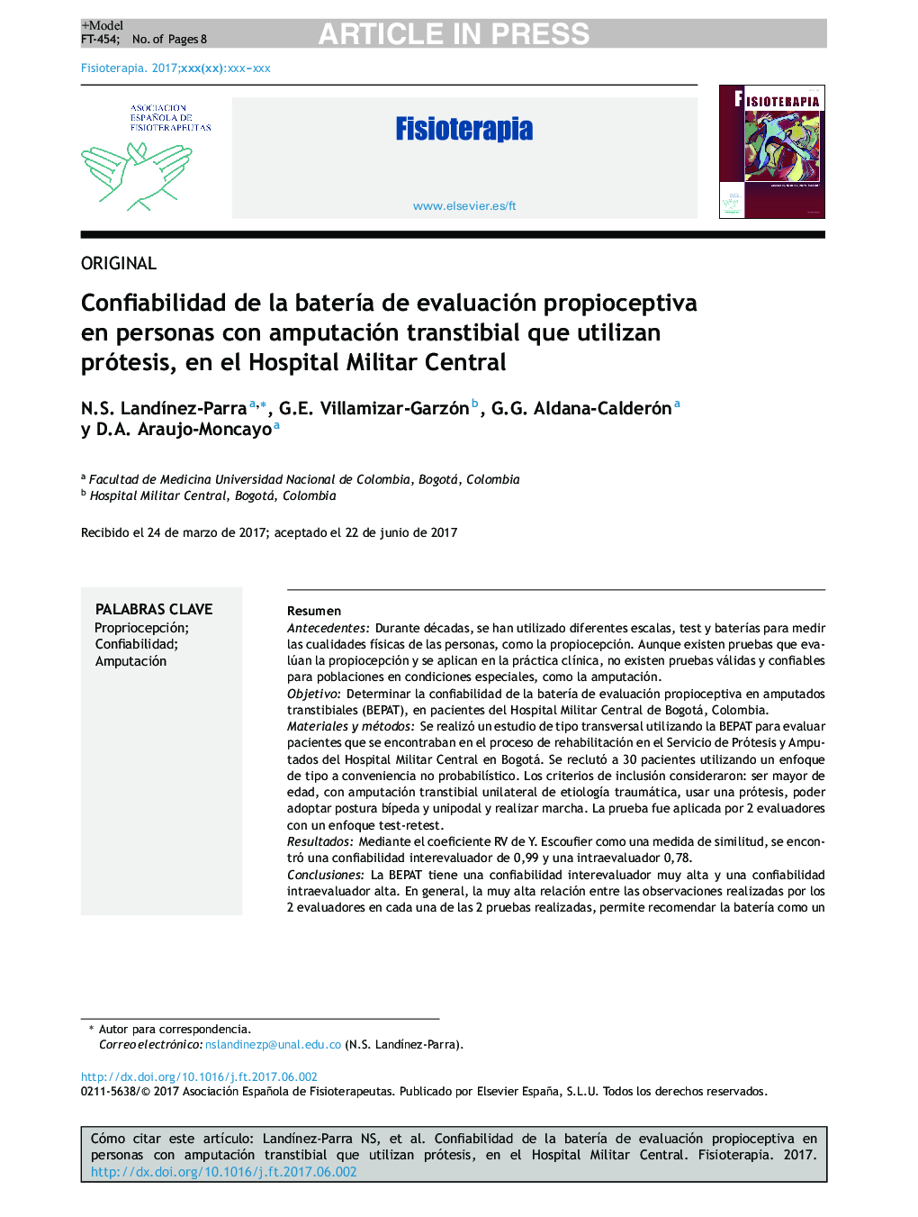 Confiabilidad de la baterÃ­a de evaluación propioceptiva en personas con amputación transtibial que utilizan prótesis, en el Hospital Militar Central