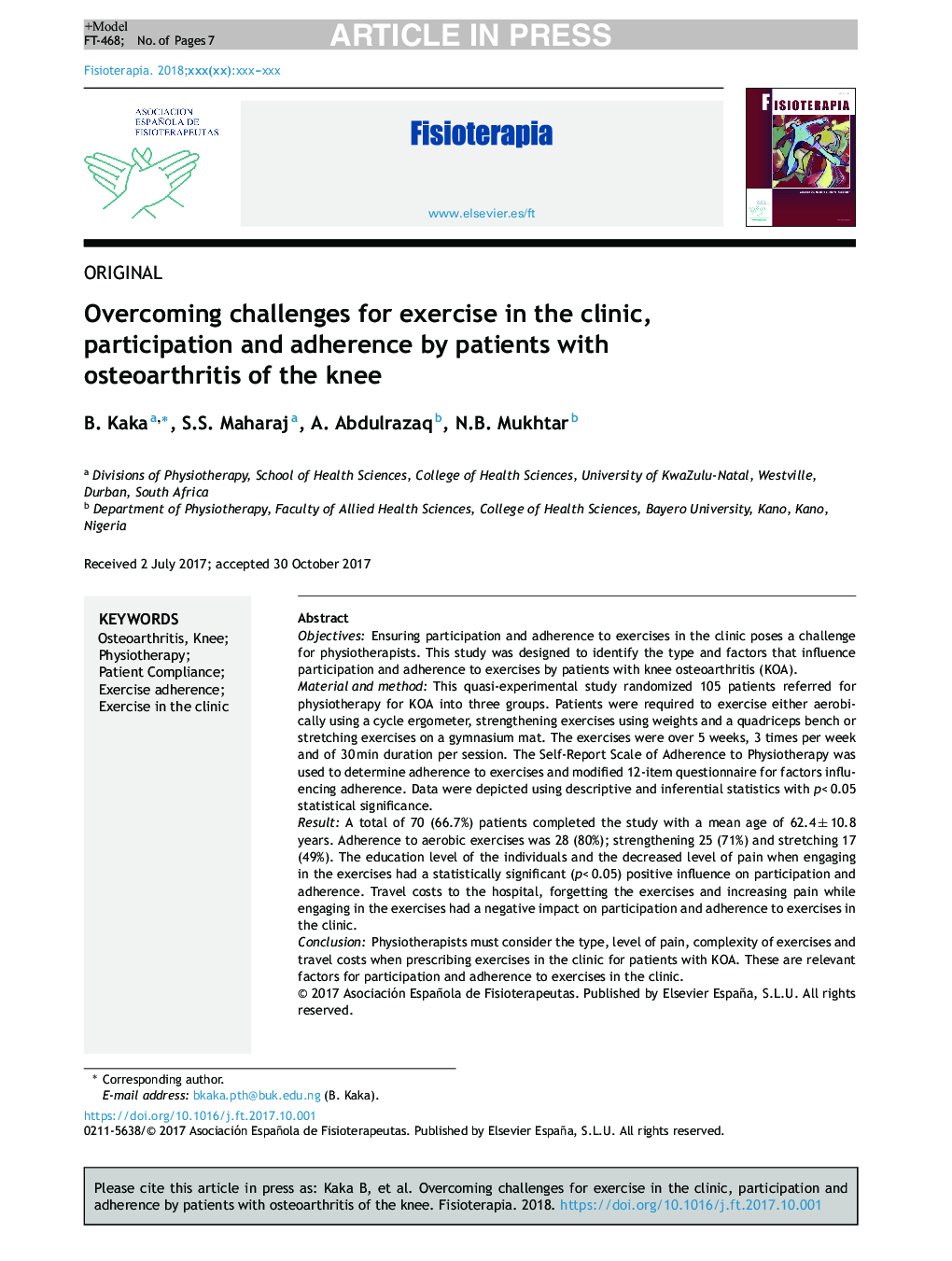 Overcoming challenges for exercise in the clinic, participation and adherence by patients with osteoarthritis of the knee