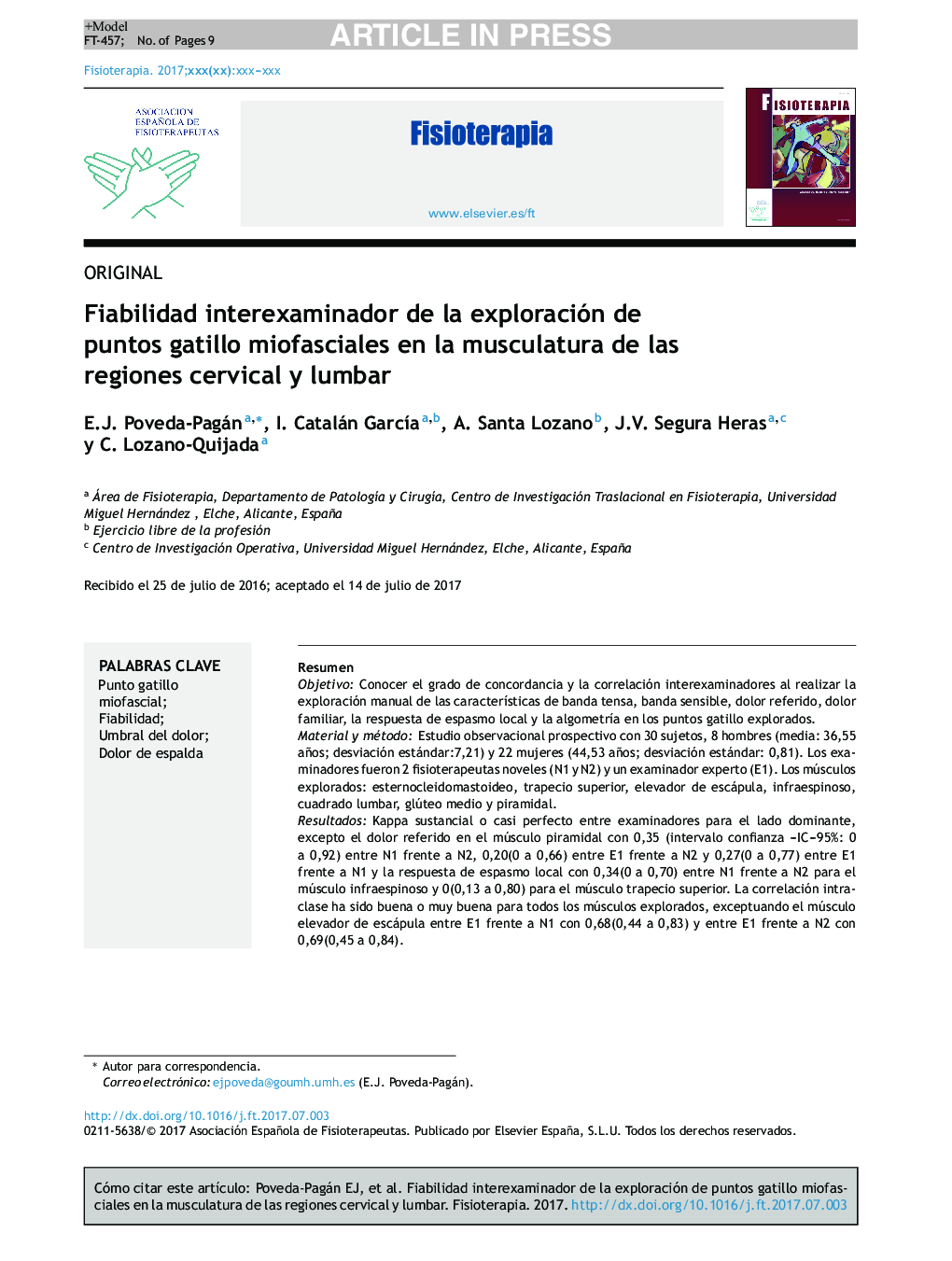 Fiabilidad interexaminador de la exploración de puntos gatillo miofasciales en la musculatura de las regiones cervical y lumbar