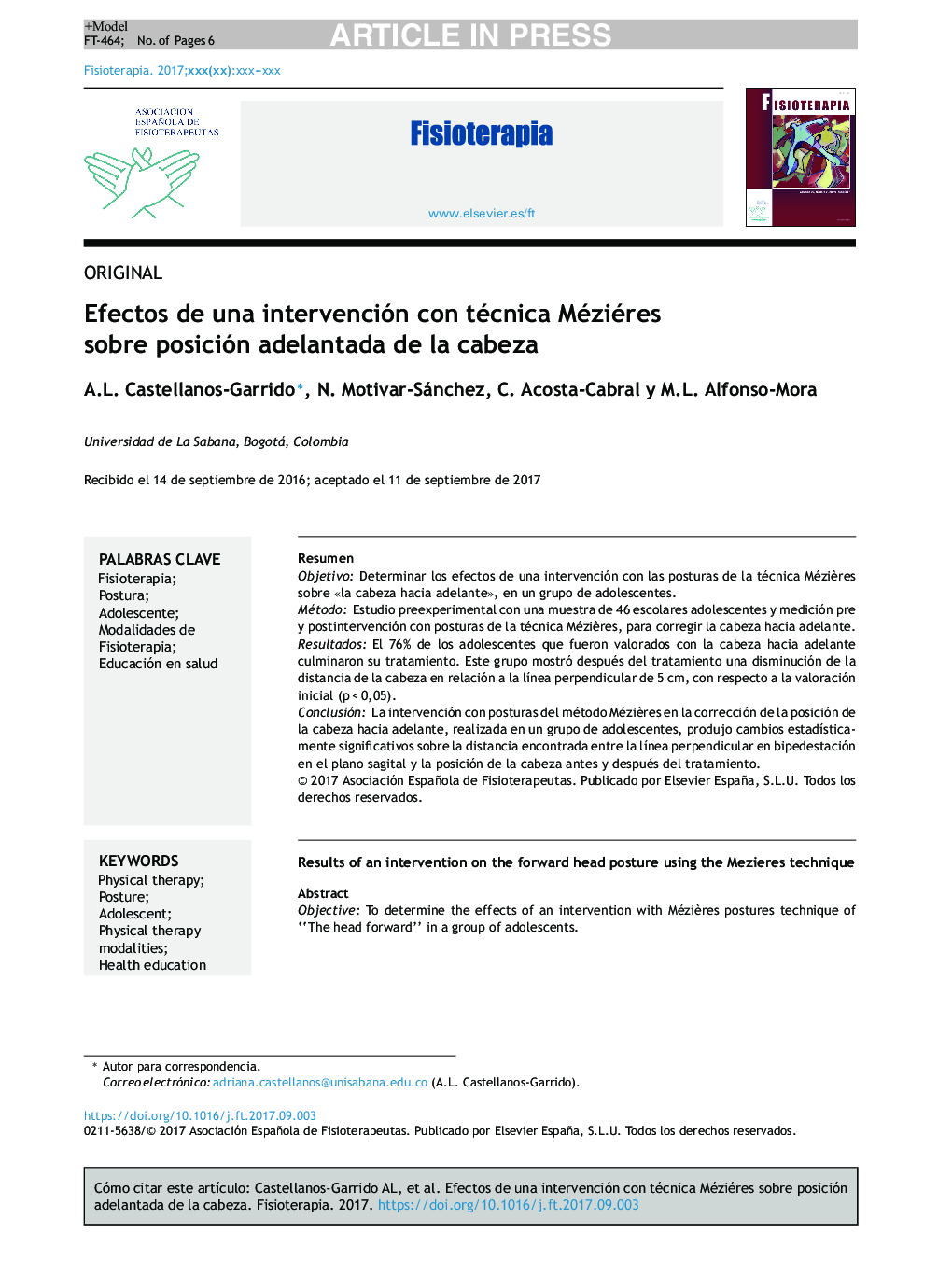 Efectos de una intervención con técnica Méziéres sobre posición adelantada de la cabeza