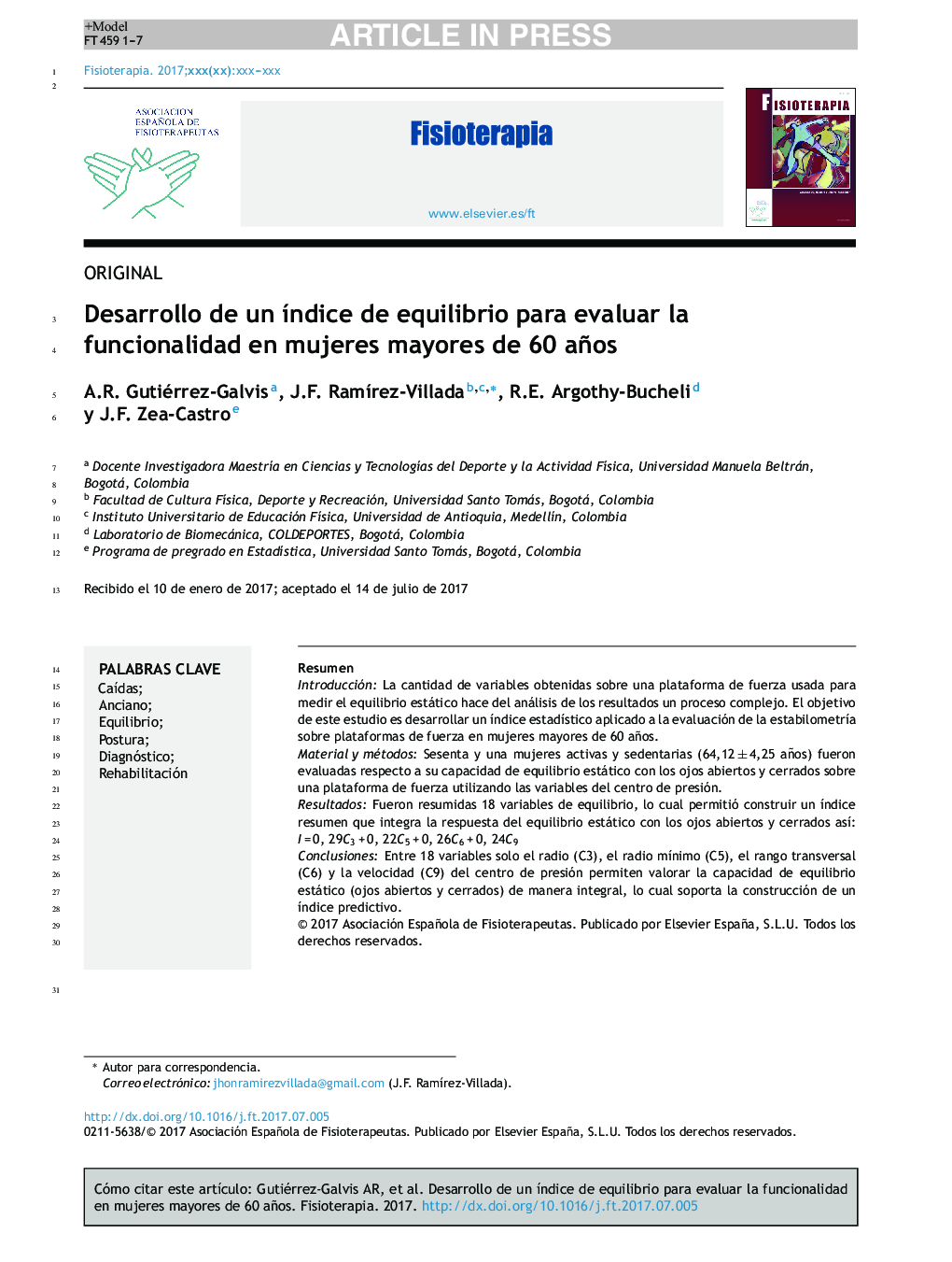 Desarrollo de un Ã­ndice de equilibrio para evaluar la funcionalidad en mujeres mayores de 60 años