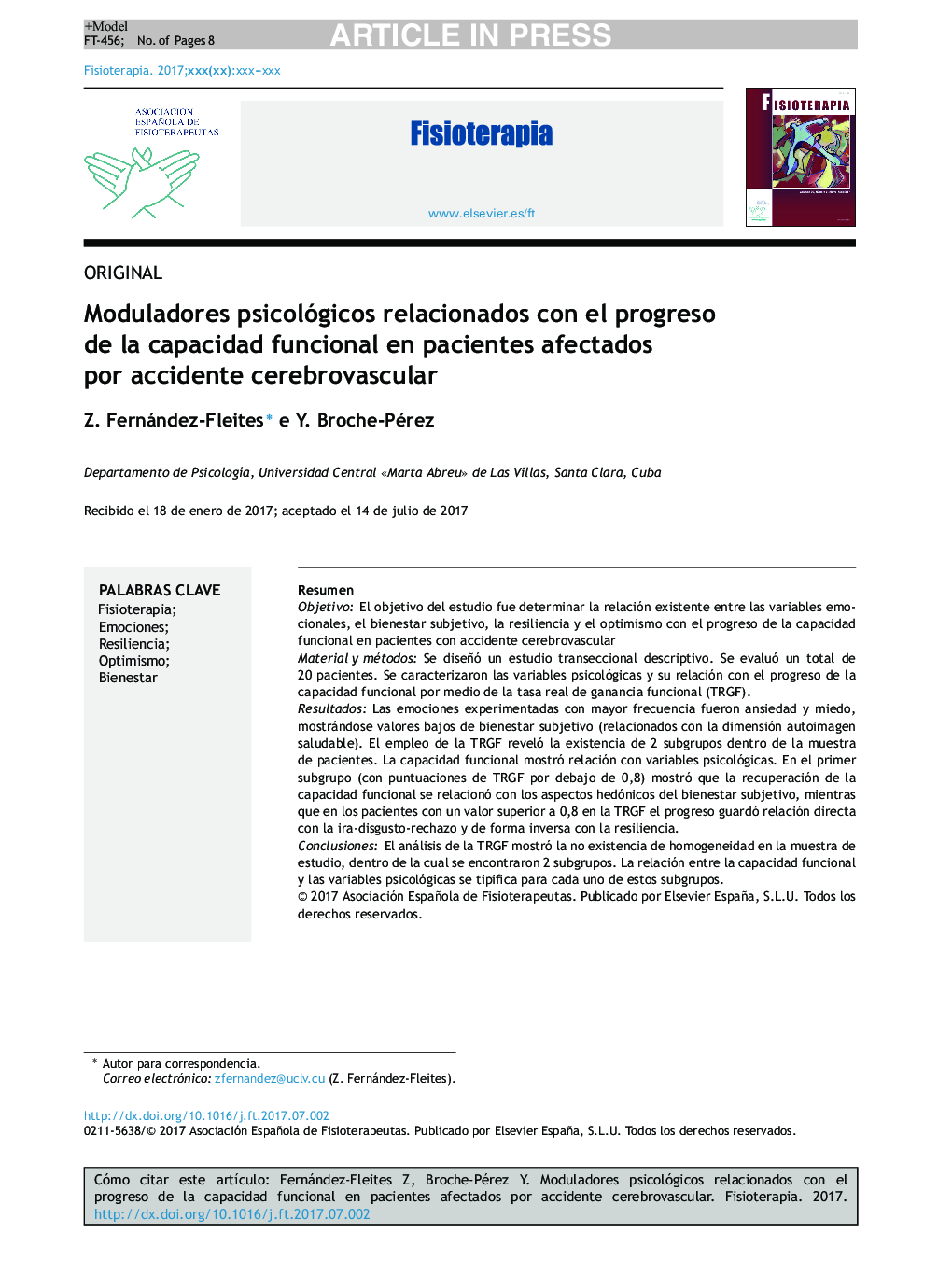 Moduladores psicológicos relacionados con el progreso de la capacidad funcional en pacientes afectados por accidente cerebrovascular