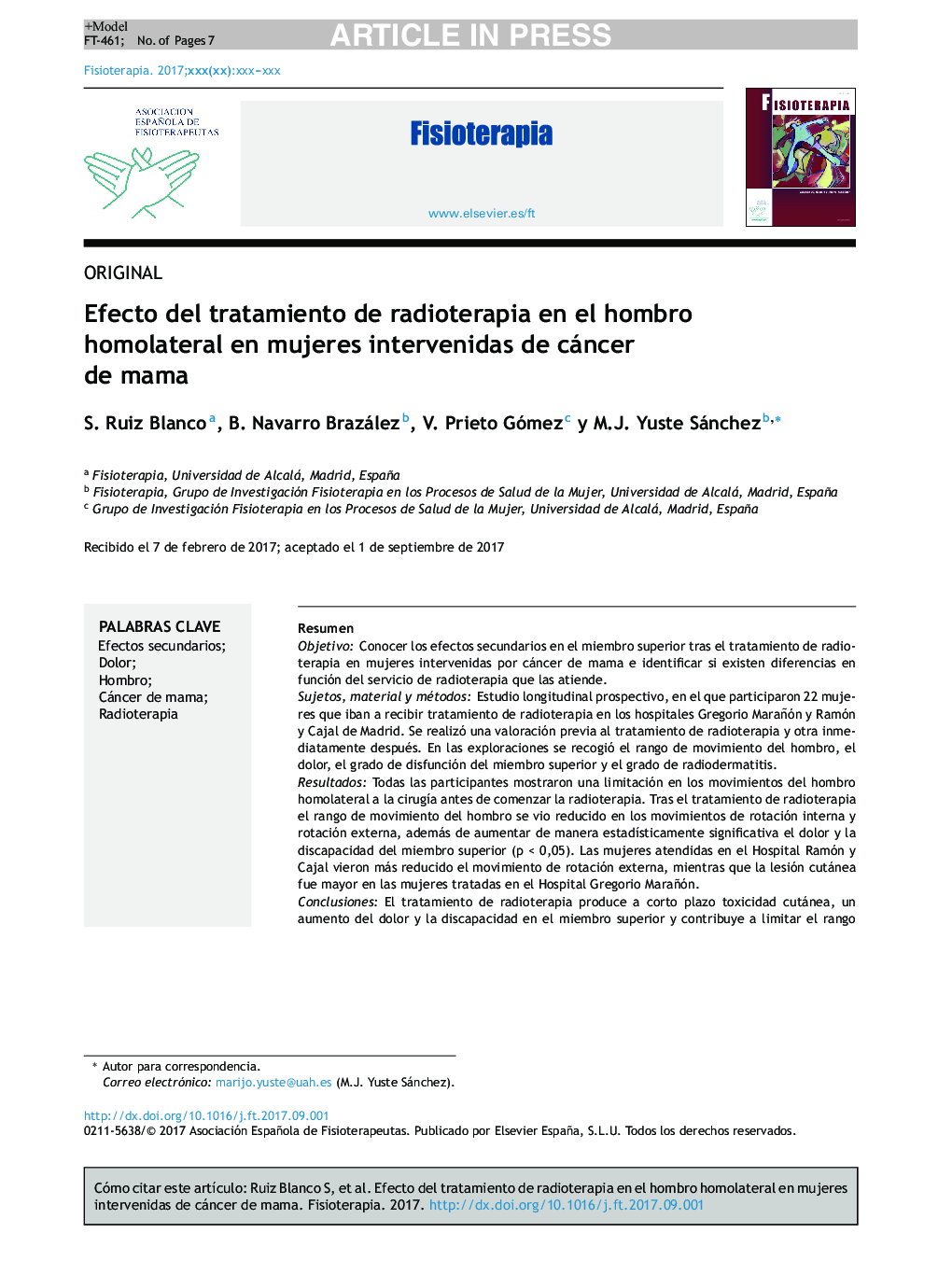 Efecto del tratamiento de radioterapia en el hombro homolateral en mujeres intervenidas de cáncer de mama