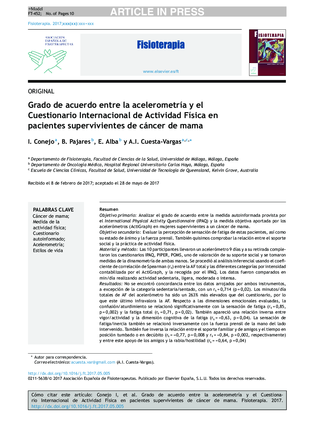 Grado de acuerdo entre la acelerometrÃ­a y el Cuestionario Internacional de Actividad FÃ­sica en pacientes supervivientes de cáncer de mama