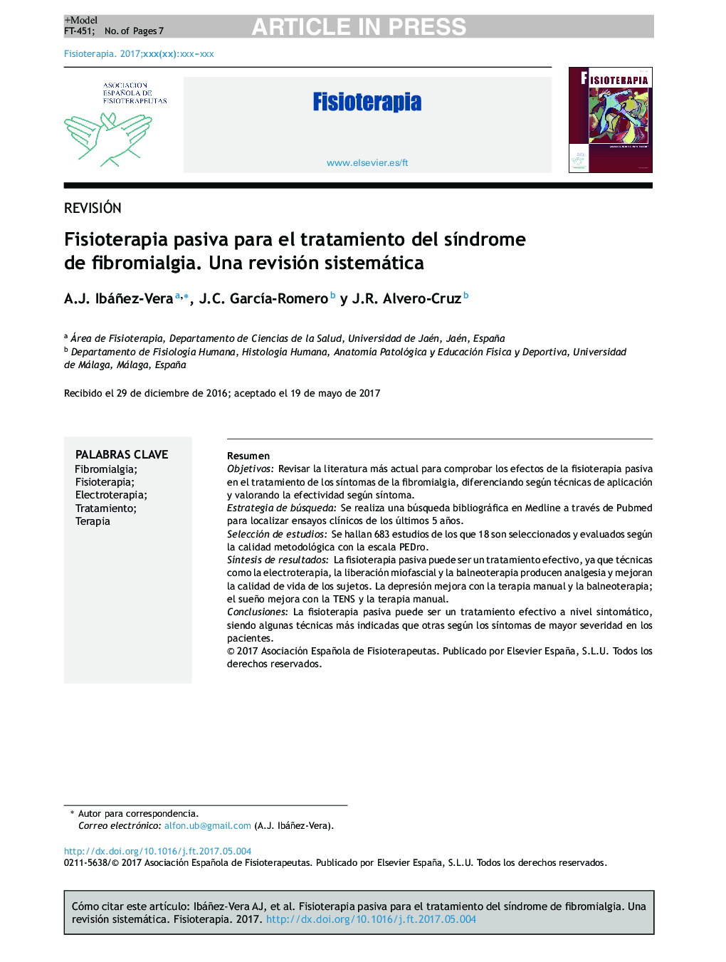 Fisioterapia pasiva para el tratamiento del sÃ­ndrome de fibromialgia. Una revisión sistemática