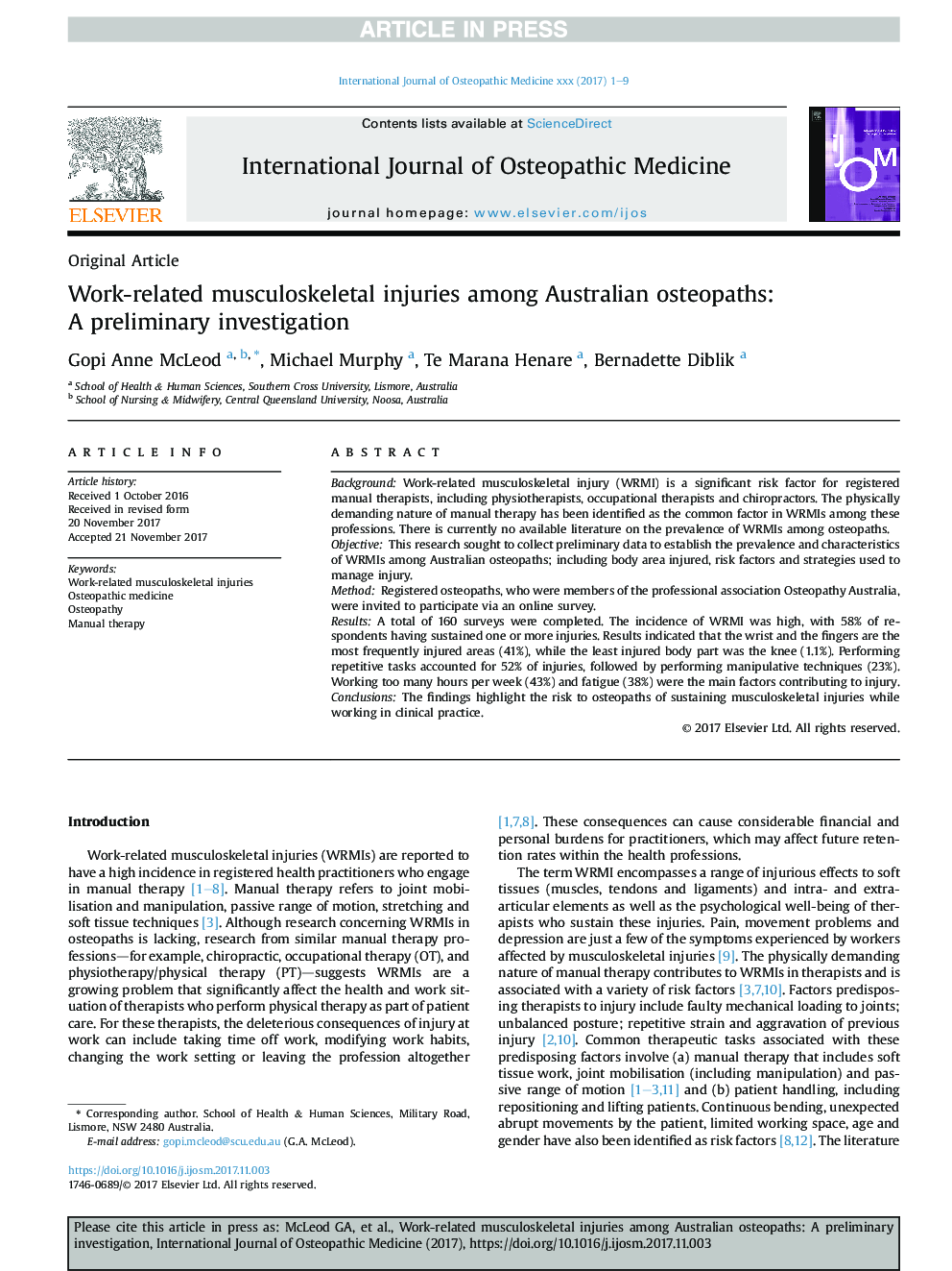 Work-related musculoskeletal injuries among Australian osteopaths: A preliminary investigation