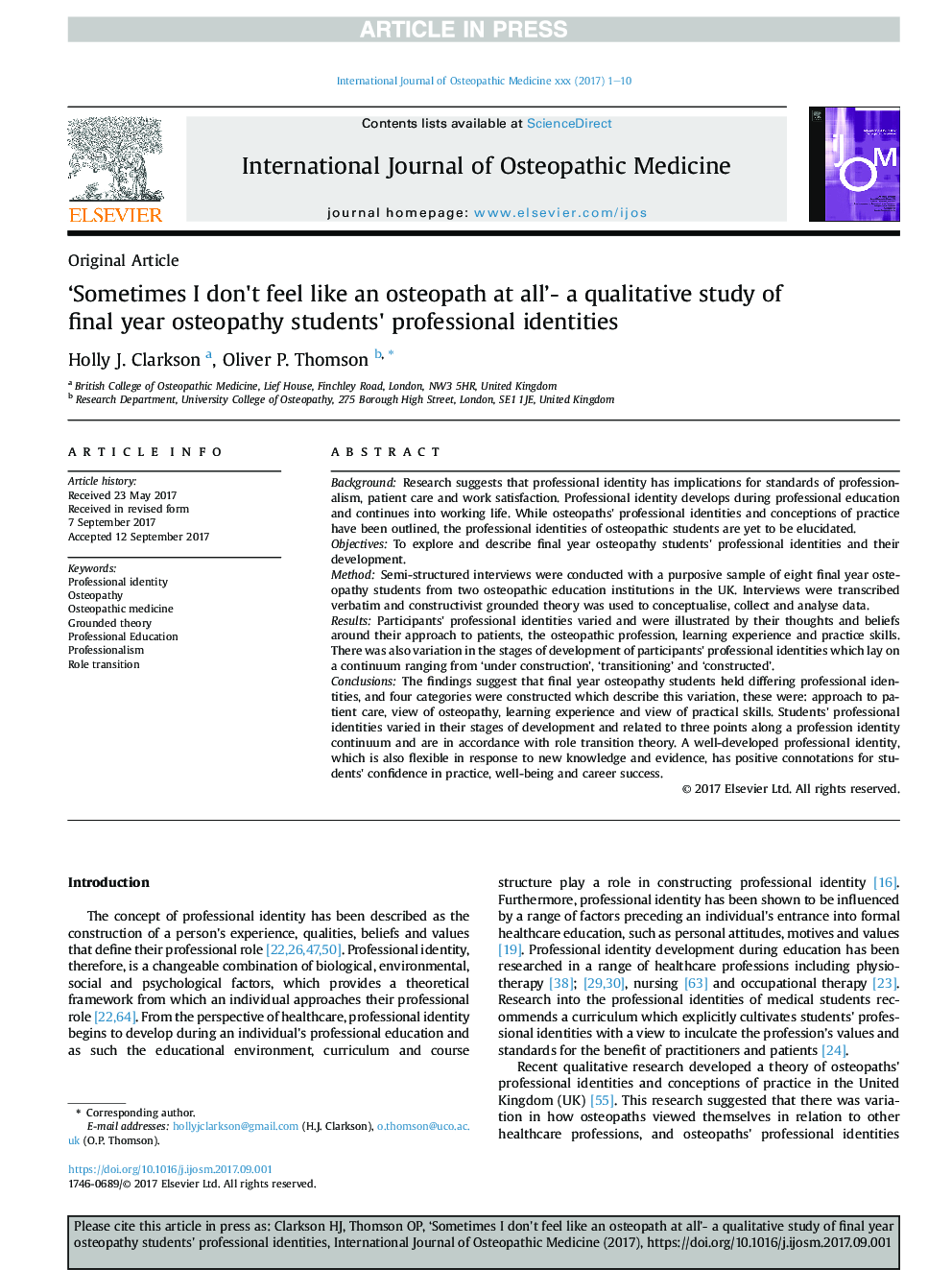 'Sometimes I don't feel like an osteopath at all'- a qualitative study of final year osteopathy students' professional identities