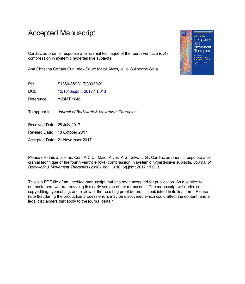 Cardiac autonomic response after cranial technique of the fourth ventricle (cv4) compression in systemic hypertensive subjects