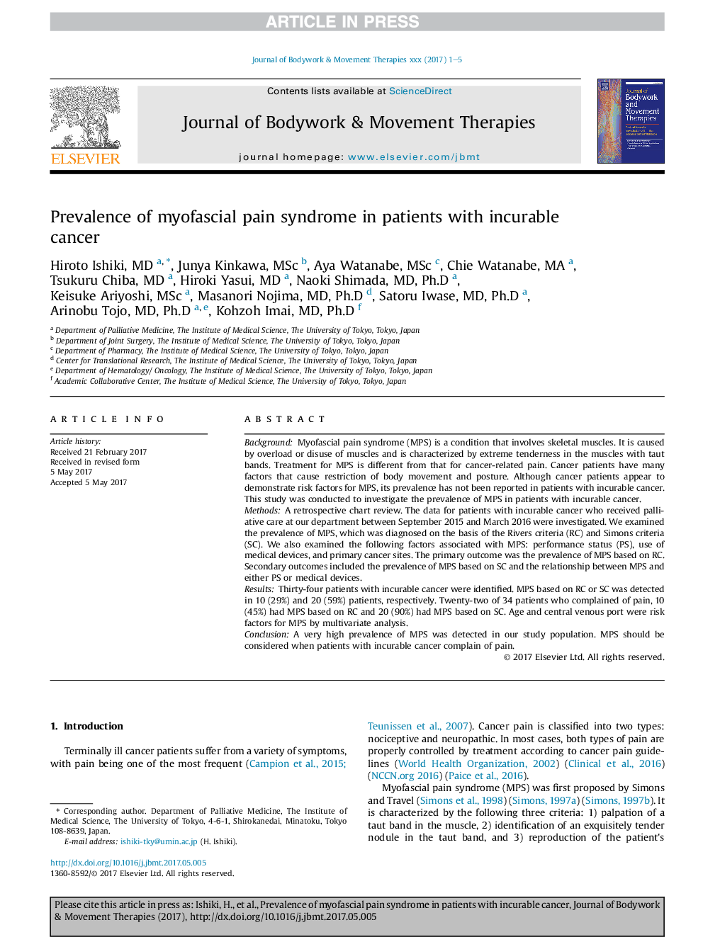 Prevalence of myofascial pain syndrome in patients with incurable cancer