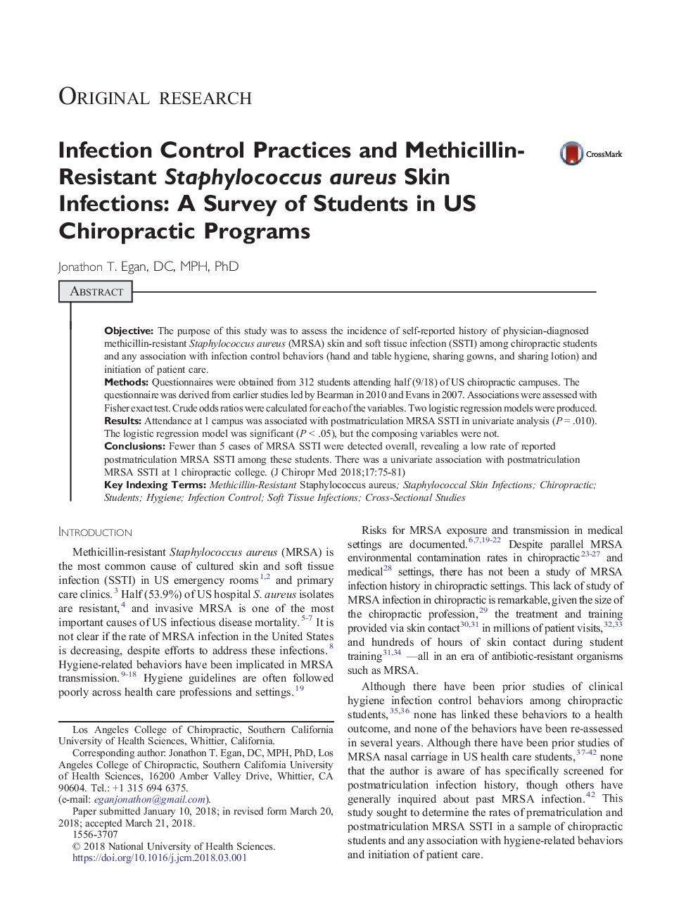 Infection Control Practices and Methicillin-Resistant Staphylococcus aureus Skin Infections: A Survey of Students in US Chiropractic Programs