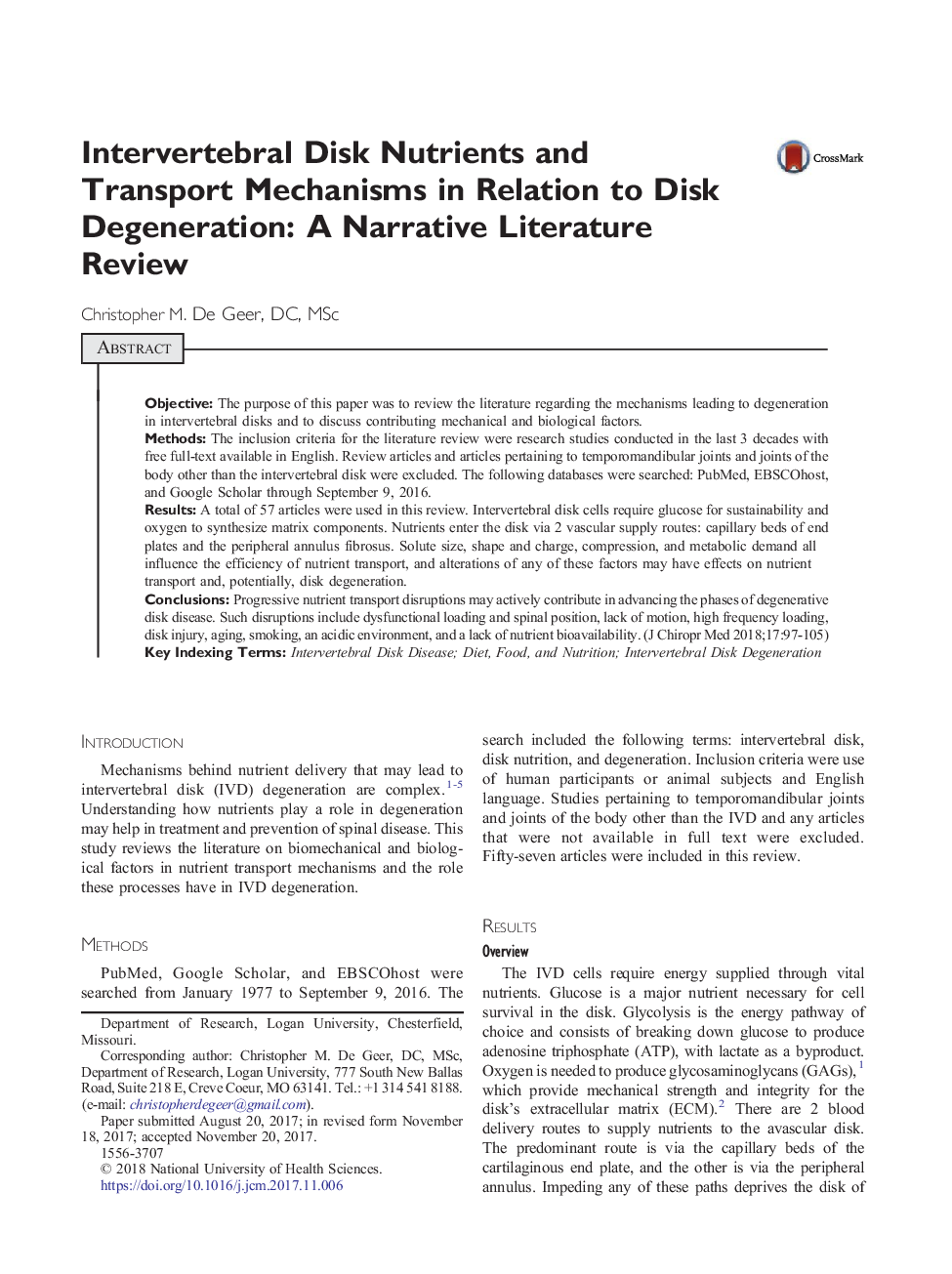 Intervertebral Disk Nutrients and Transport Mechanisms in Relation to Disk Degeneration: A Narrative Literature Review