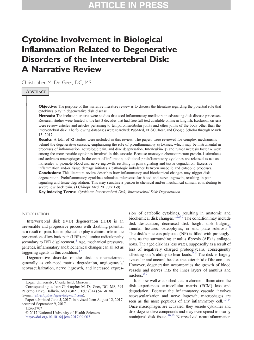 Cytokine Involvement in Biological Inflammation Related to Degenerative Disorders of the Intervertebral Disk: A Narrative Review