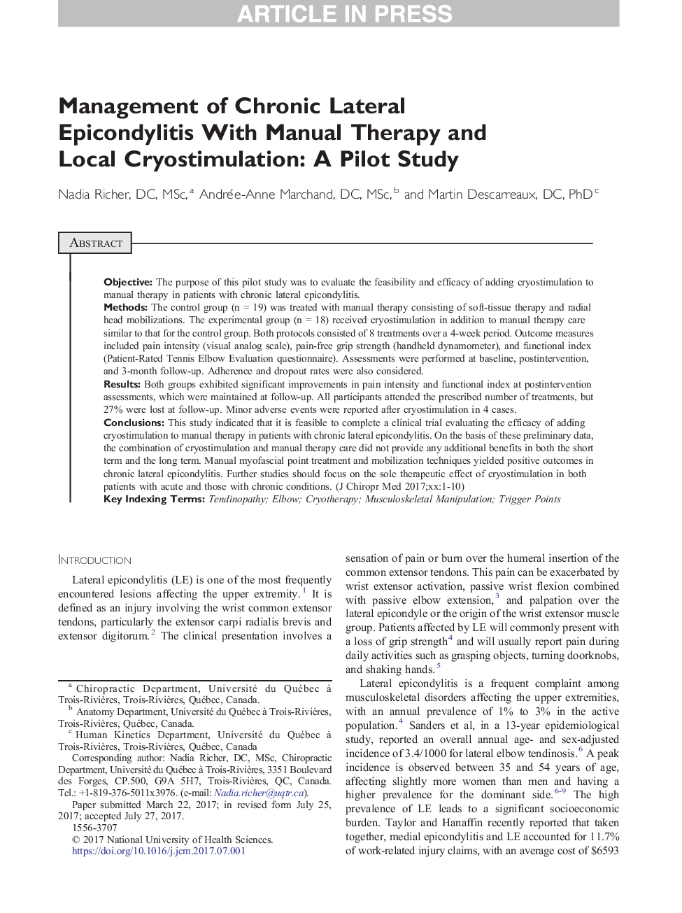 عکس صفحه اول مقاله: Management of Chronic Lateral Epicondylitis With Manual Therapy and Local Cryostimulation: A Pilot Study Management of Chronic Lateral Epicondylitis With Manual Therapy and Local Cryostimulation: A Pilot Study