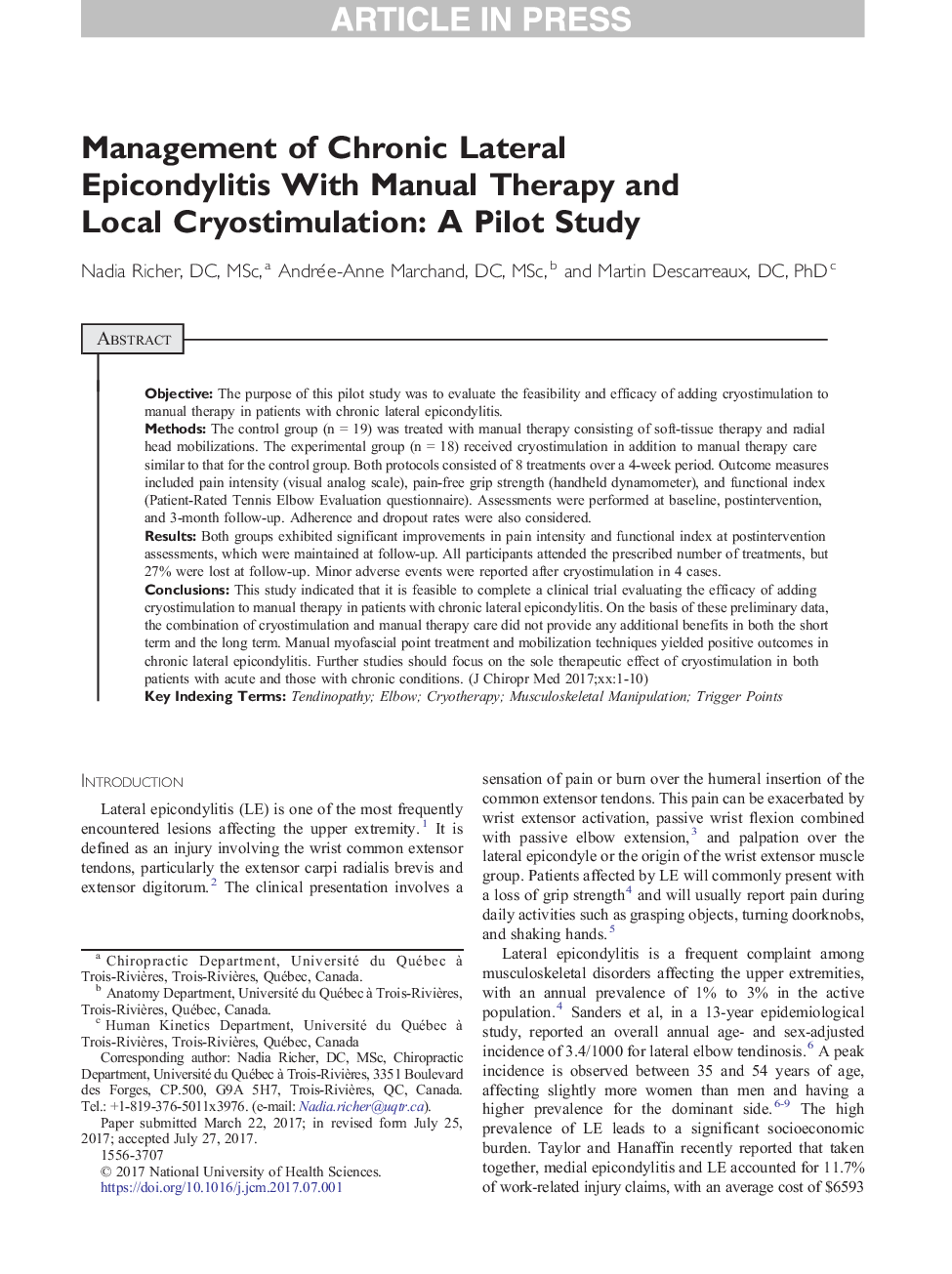 Management of Chronic Lateral Epicondylitis With Manual Therapy and Local Cryostimulation: A Pilot Study