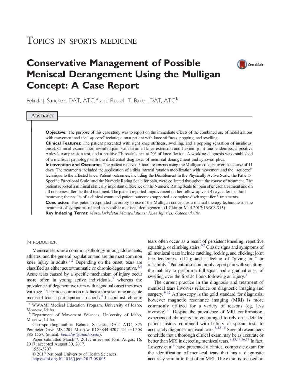 Conservative Management of Possible Meniscal Derangement Using the Mulligan Concept: A Case Report