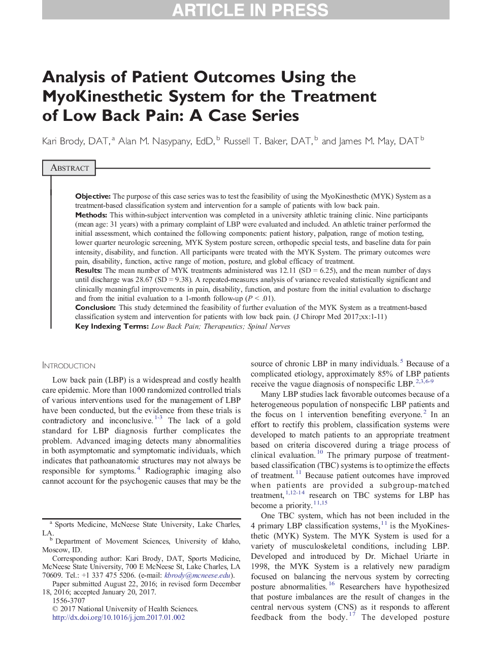 Analysis of Patient Outcomes Using the MyoKinesthetic System for the Treatment of Low Back Pain: A Case Series