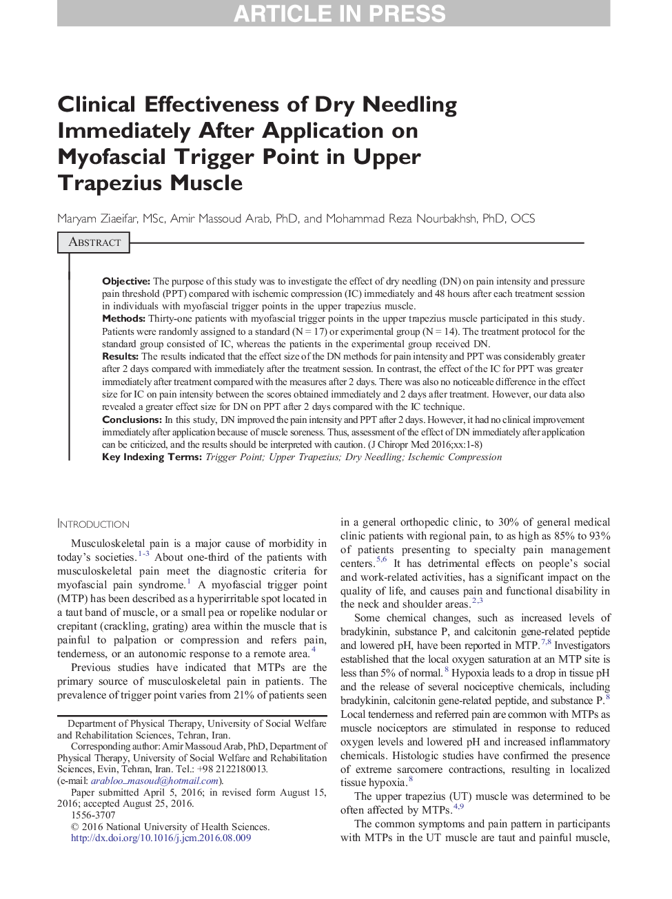 Clinical Effectiveness of Dry Needling Immediately After Application on Myofascial Trigger Point in Upper Trapezius Muscle