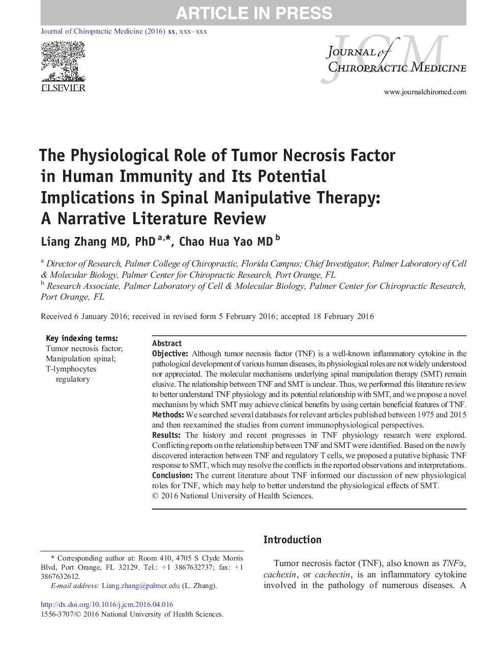 The Physiological Role of Tumor Necrosis Factor in Human Immunity and Its Potential Implications in Spinal Manipulative Therapy: A Narrative Literature Review