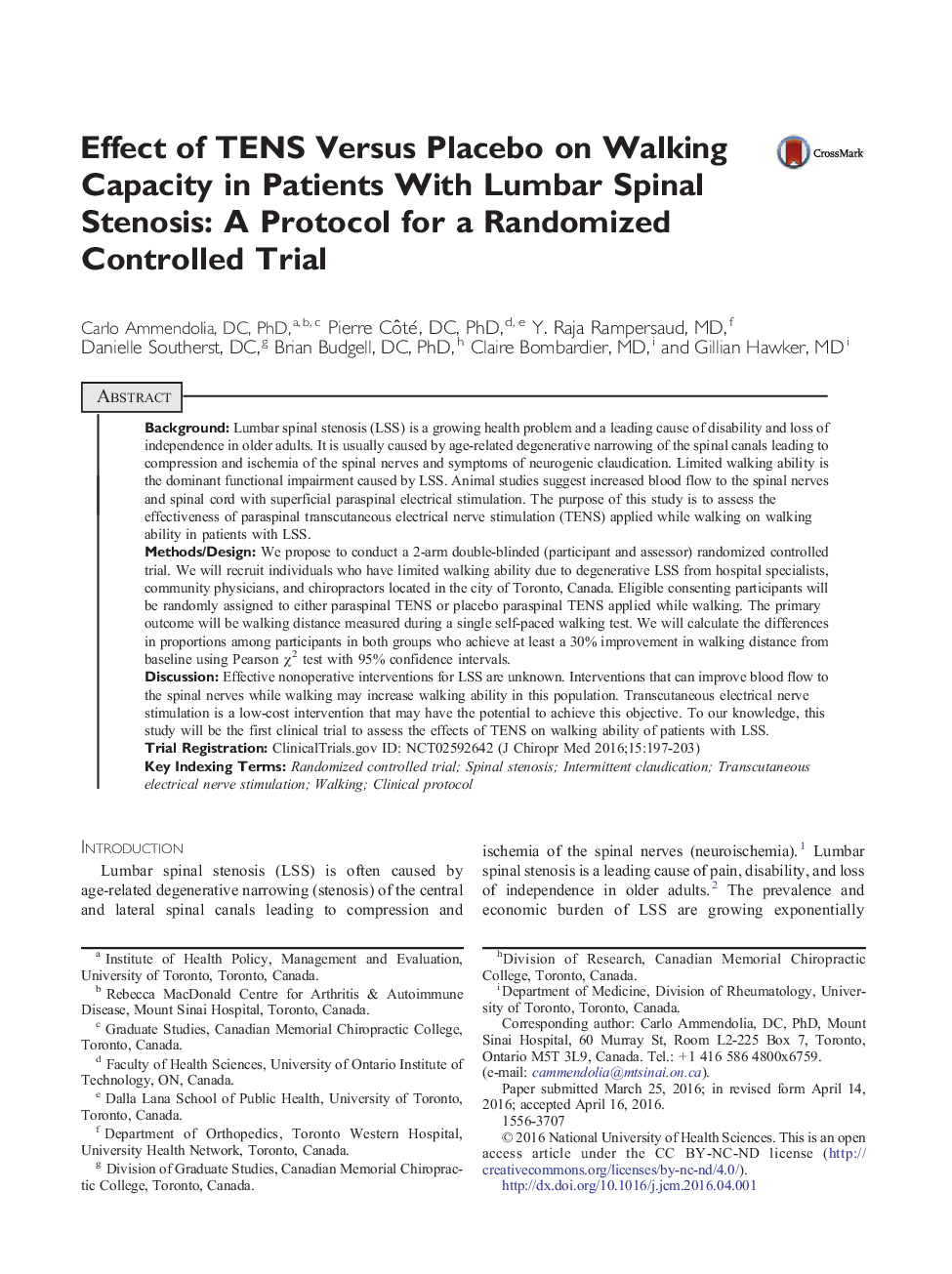 Effect of TENS Versus Placebo on Walking Capacity in Patients With Lumbar Spinal Stenosis: A Protocol for a Randomized Controlled Trial